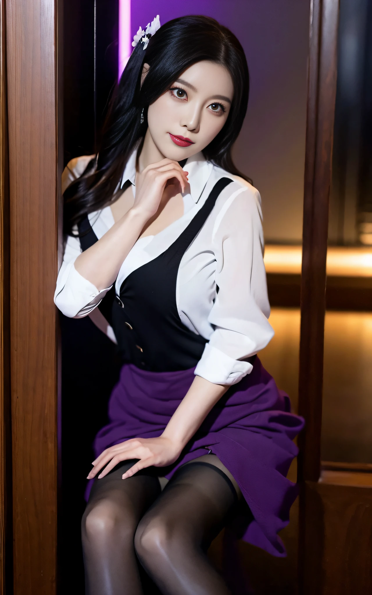Charming Japanese style beauty、Brown hair、Evil Female Executive、Night city、Move ki、The Darkness、seductiv、brainwash、Retrofit equipment、Evil Fall、wicked、darkness、Purple Eyeshadow、black pantyhose、Evil Bride、Black pleated skirt、Dark