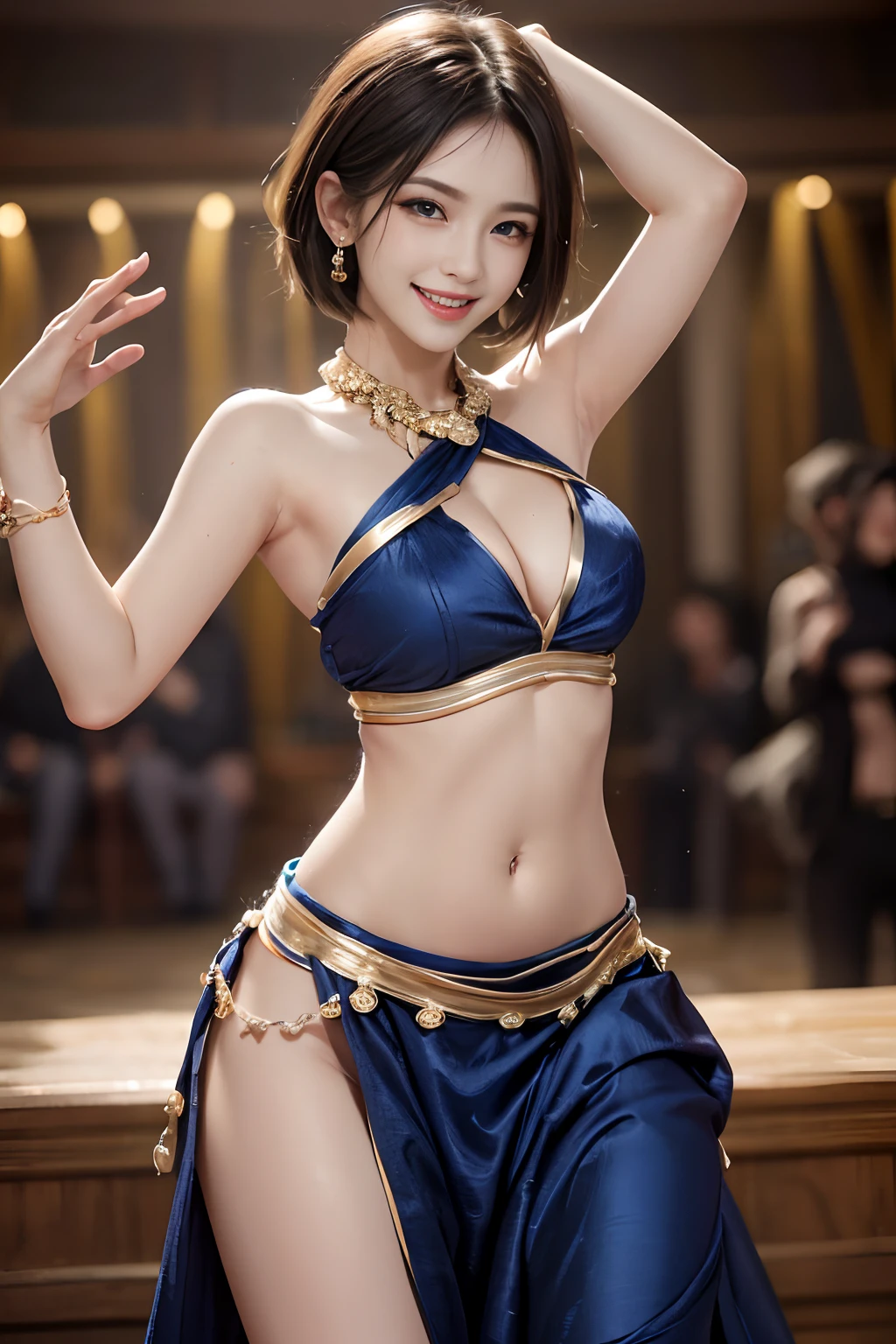 Smile full of happiness、((Looks happy:1.3))、、Panting face、Lacking、Sweating、Expression in a state of excitement、short-hair、eye glass、Photorealistic,High resolution,Soft light,1womanl,hips up high, Large breasts, Blue eyes, Expensive jewelry, Elegant and sexy fabric small indigo and gold traditional costume,((Do a sexy dance:1.3))