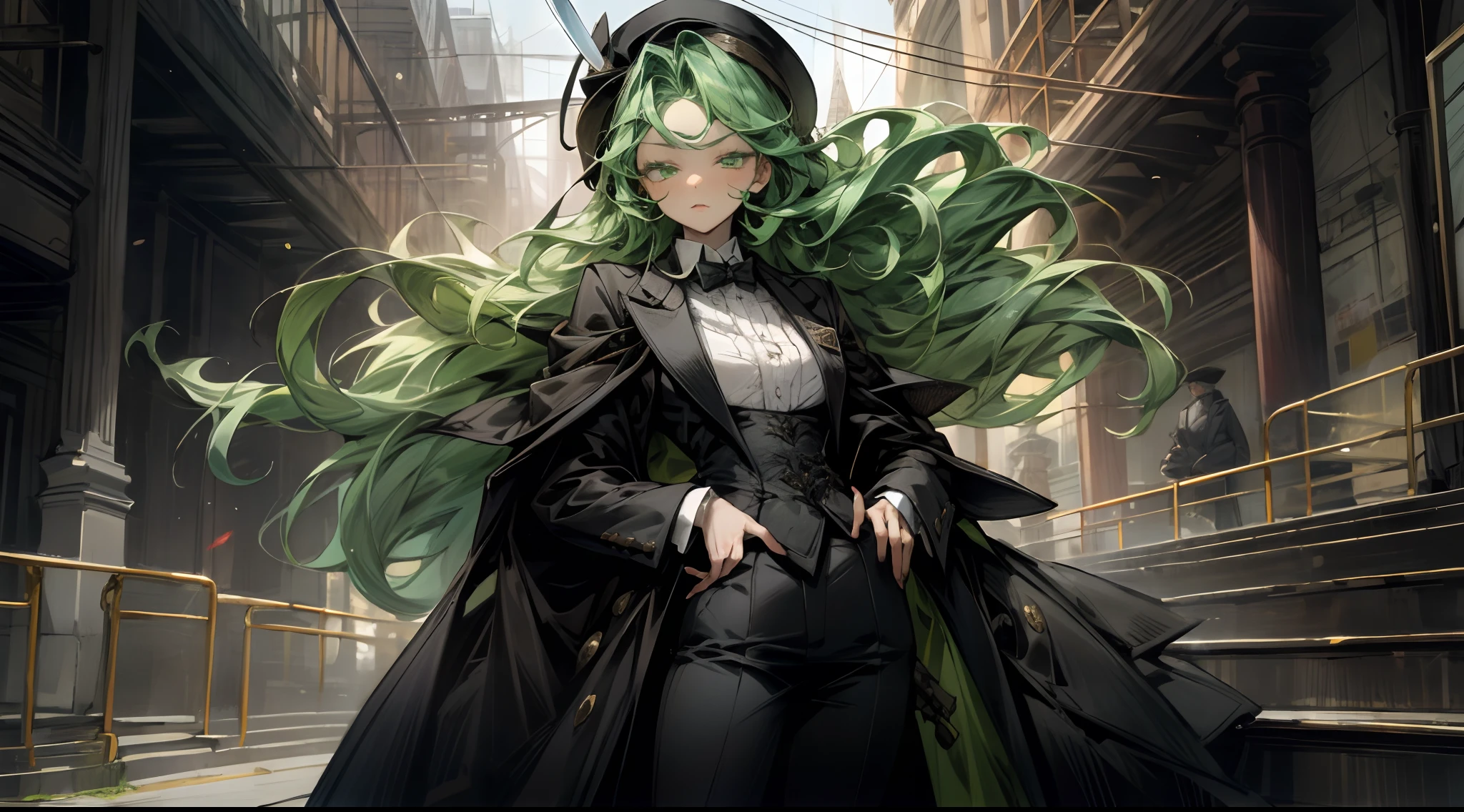 a 1girl, in full height, Acid-green lush hair, Green eyes, black formal suit, hat on his head, Sword in hand, 19th century city in the background