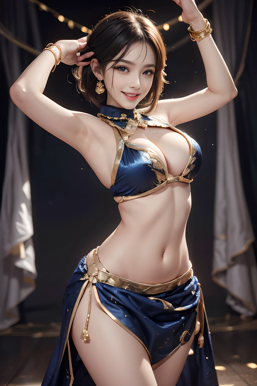 Smile full of happiness、((Looks happy:1.3))、、Panting face、Lacking、Sweating、Expression in a state of excitement、short-hair、eye glass、Photorealistic,High resolution,Soft light,1womanl,hips up high, Large breasts, Blue eyes, Expensive jewelry, Elegant and sexy fabric small indigo and gold traditional costume,((Do a sexy dance:1.3))