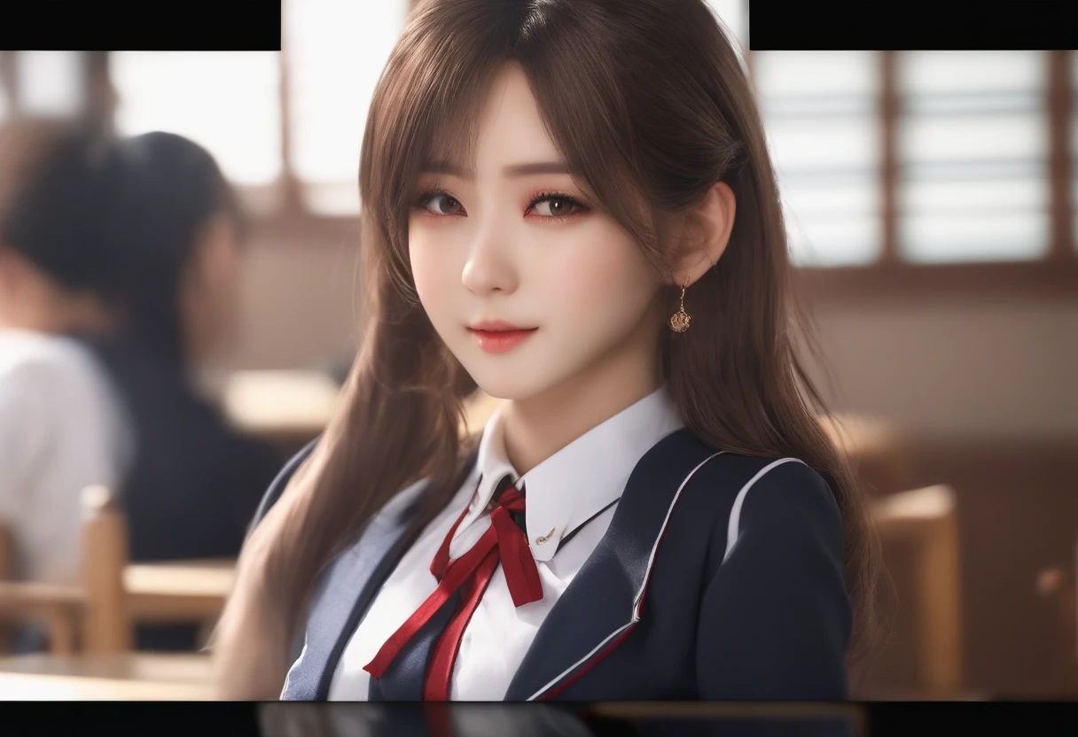 masutepiece, Best Quality, japanaese girl, 8K, Raw photo, top-notch quality, masutepiece, nffsw:1.2, exceptionally detailed RAW color photo, professional-grade photograph, (Realistic, Photorealistic:1.37), (highly detailedskin:1.2), Ultra-high resolution, (lenz 50mm), (masutepiece, top-quality:1.3), (Ultra detailed 8K cg:1.2), (hyper realisitic:1.35), (Photorealistic:1.45), (Realistic:1.4), Cowboy Shot, 1 beautiful Japanese girl, 22 years old, super model, Japanese Idol, Fluttering chest、tits out、Cleavage of、bra very、 Emphasize、Large breasts, (sitting on the desk:1.1), (School uniform:1.4), (Spread legs:1.2), (School classroom background:1.1)、hposing Gravure Idol、Adults、女優