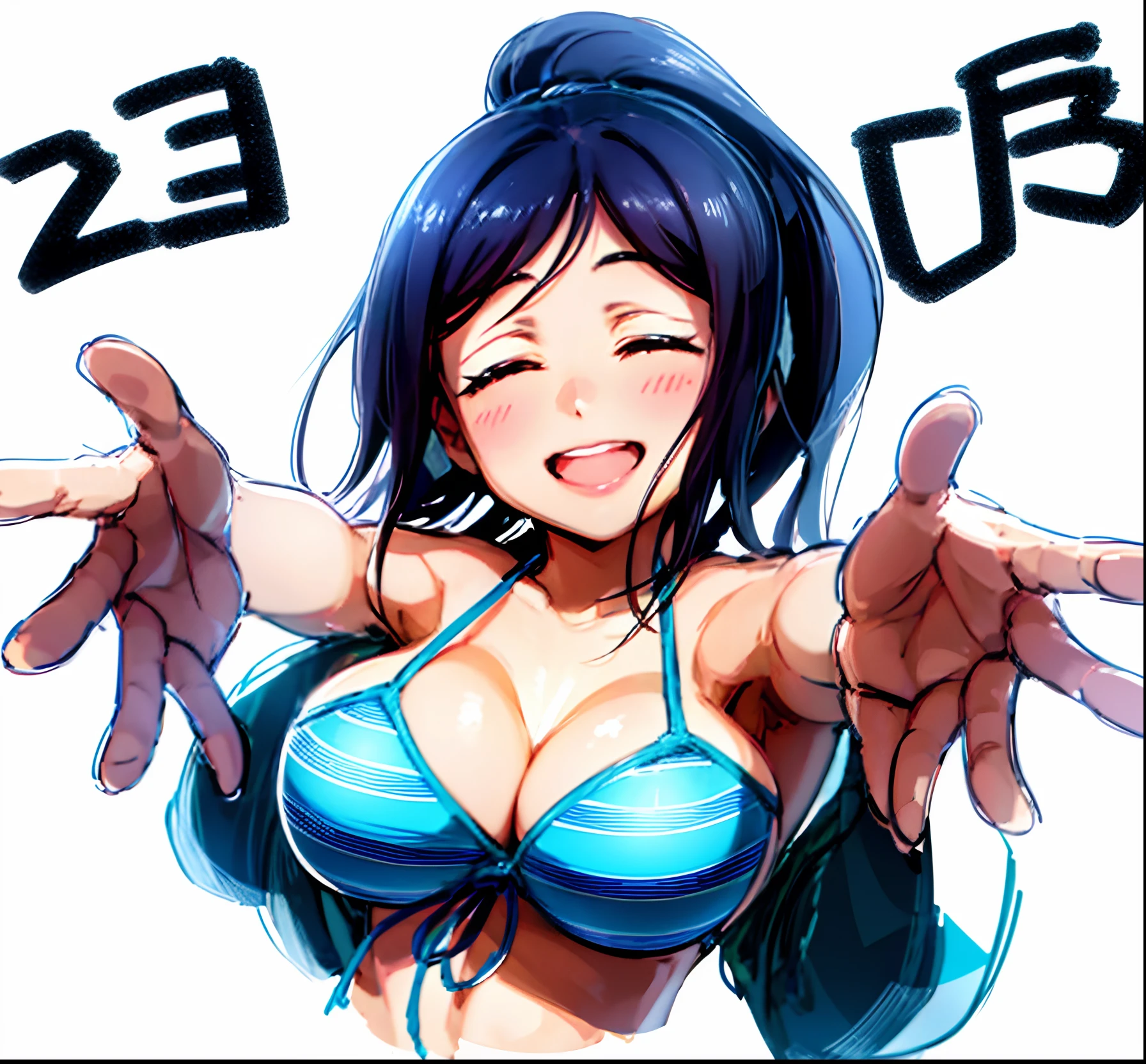 Matsuura kanan, smile, closed eyes, cleavage, striped bikini, simple background, white background