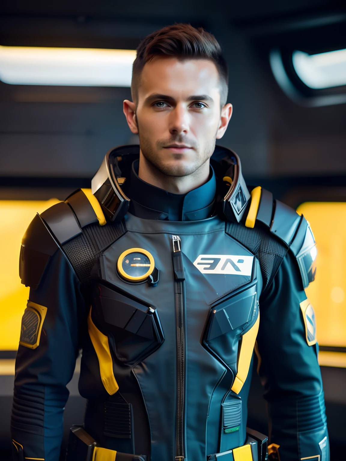 fking_scifi, award-winning photo of a man, black flight suit with yellow accents, brown hair, (gray eyes:1.35), square jawline, asymmetric face, standing in front of a window on a space ship, 80mm, bokeh, mass effect, close up, fking_cinema_v2