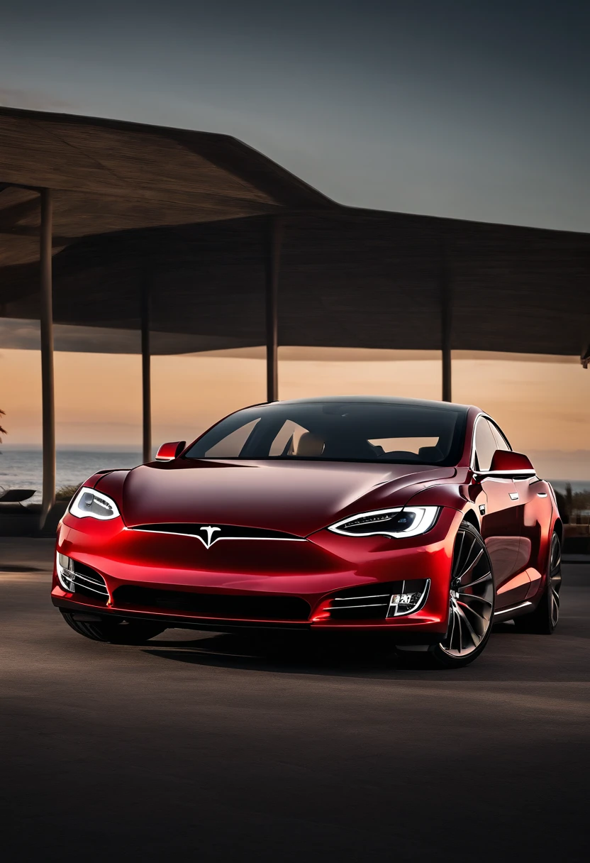 Rojo Tesla Model S Hiperrealista 3D 8K 16:9 and add phrases
