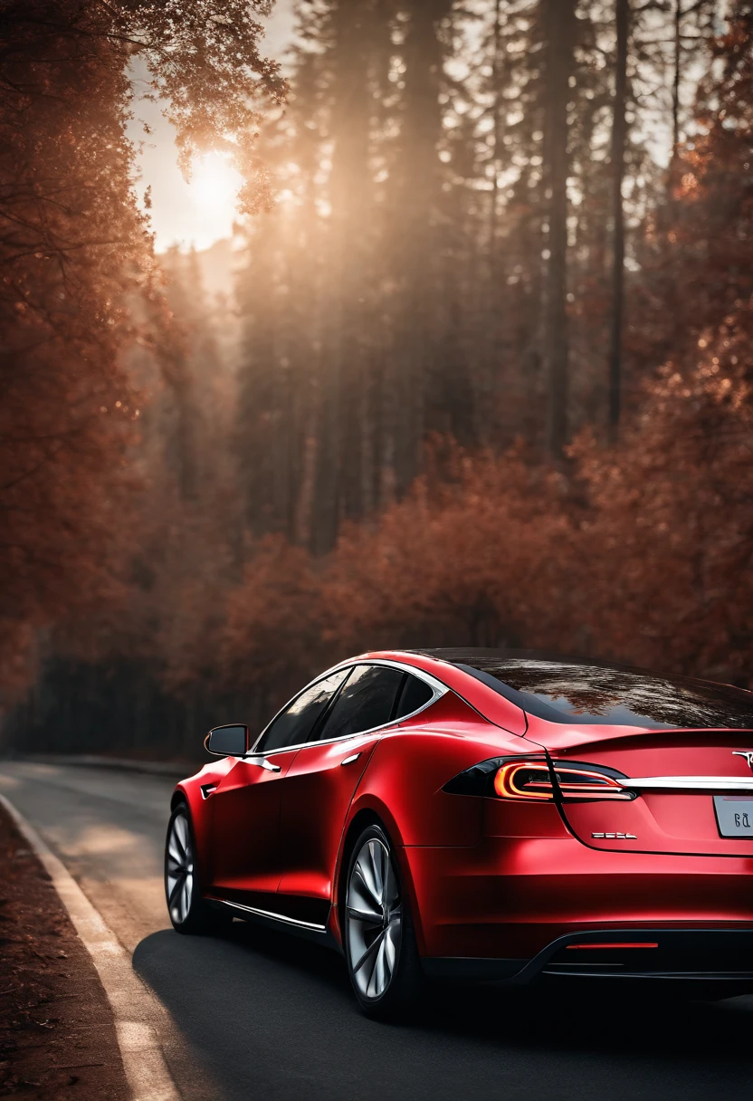 Rojo Tesla Model S Hiperrealista 3D 8K 16:9 and add phrases
