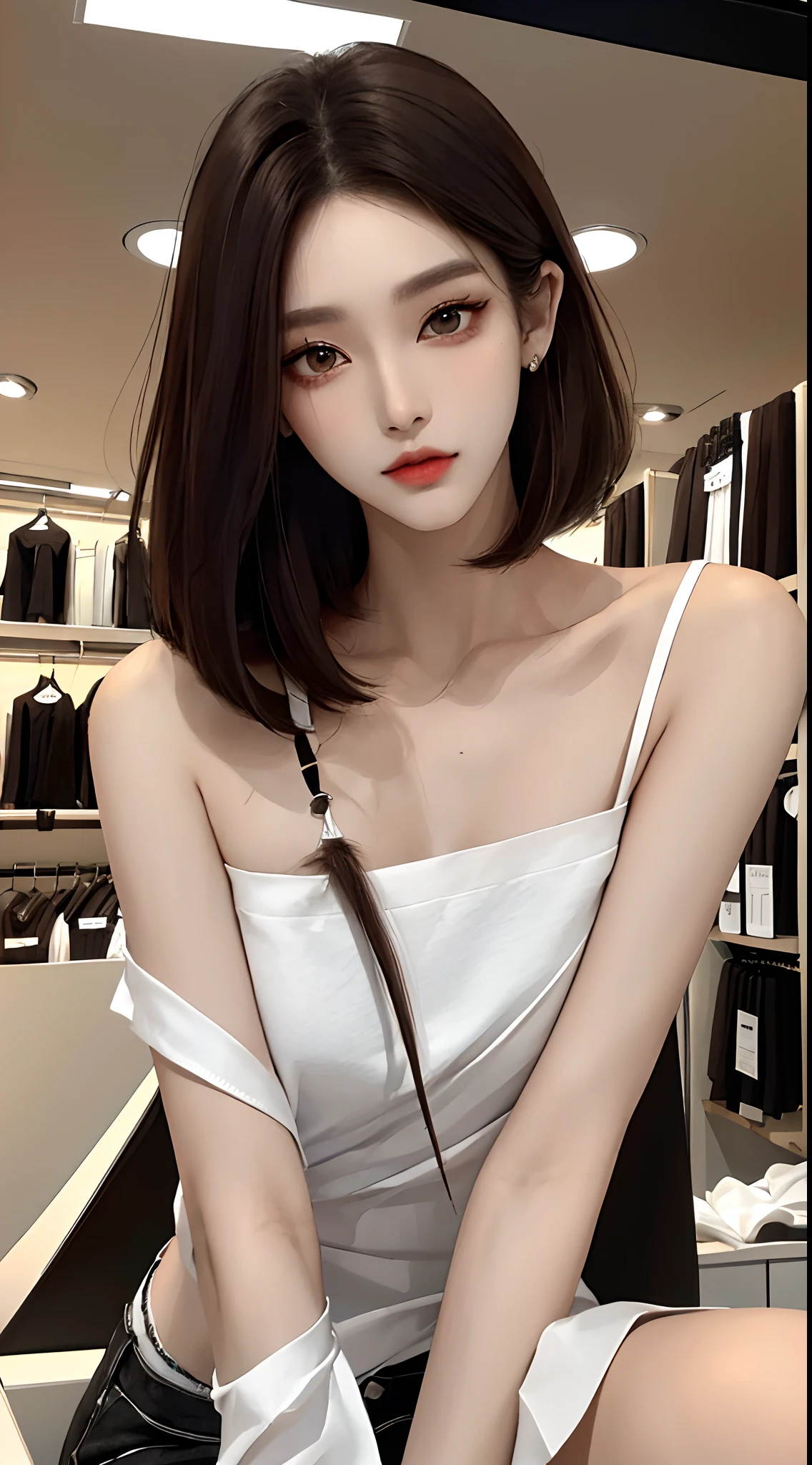 masterpiece、top-quality)、1 beutiful girl、Slim body、(Black and white plain clothes:1.1)、(Detailed beautiful eyes)、Inside the store、((Brown Shorthair))、((Smaller face))、tall、((Light brown eyes))、((Korean Girl))、((cool lady))、((Wild look))、((Korean Makeup))、((elongated and sharp eyes))、((Dating))、((Keep an eye on your audience))、((boyish))