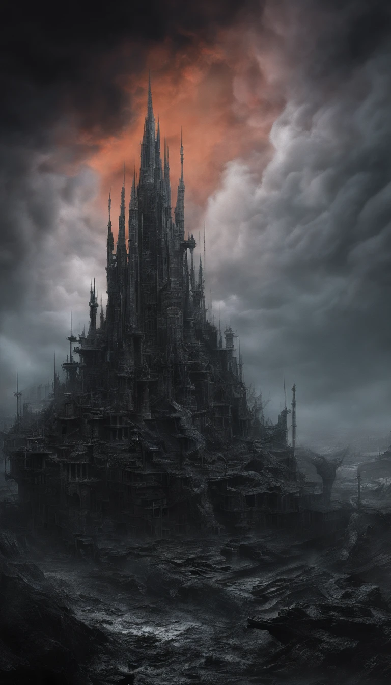(scifi art:1.5), Post-apocalyptic sci-fi world, (Una ciudad voladora:1.7), A white flying castle is located in it, (Enormes mecanismos arrojan nubes de humo:1.3), panorama view, nubes de humo, nubes de tormenta, (Obra maestra), (vivid colors:1.6)