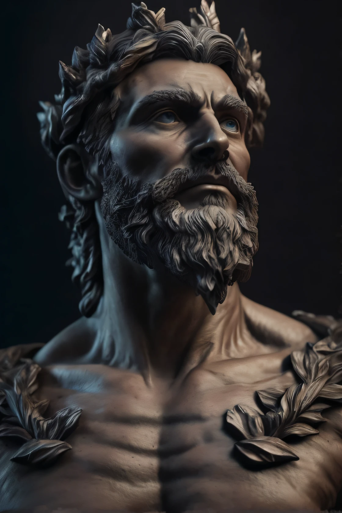 A closeup of a white statue of a man with a beard, Escultura realista de 8K Bernini, cinematic bust portrait, Retrato Zeus, deus grego, cinematic bust shot, Homem extremamente detalhado, escultura altamente detalhada, @ zbrush, Retrato de Zeus acidentado, personagem de fantasia hiperdetalhado, Arte 3D digital detalhada, Arte Zbrush, Escultura de argila CGI, resin statue