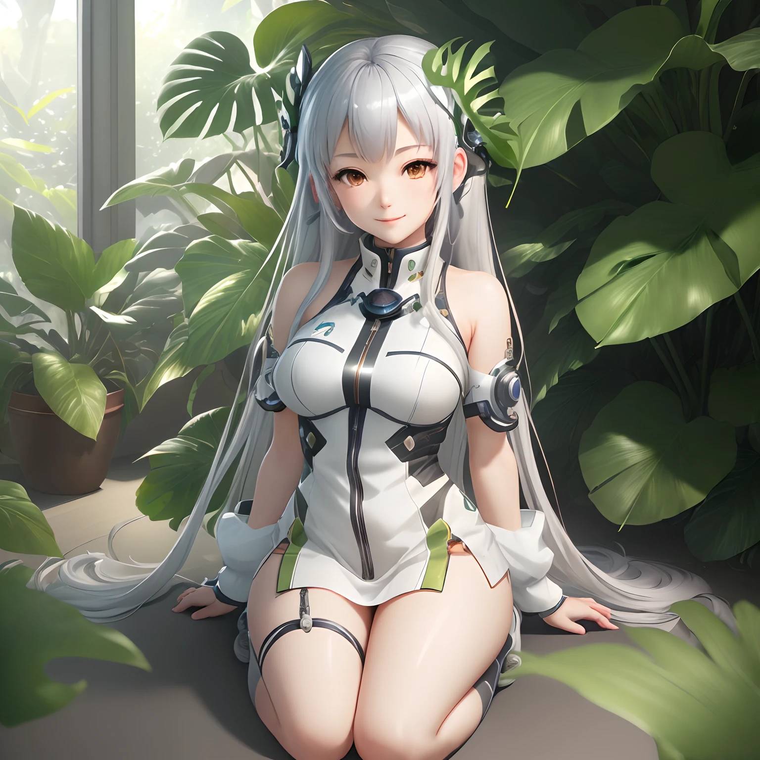 ((masterpiece)), ((best quality)), ((highres)), ((extremely detailed CG unity 8k wallpaper)), solo, tachibana kanade, white socks, small smile, silver heavy amour, sci-fi style giant monstera leaves