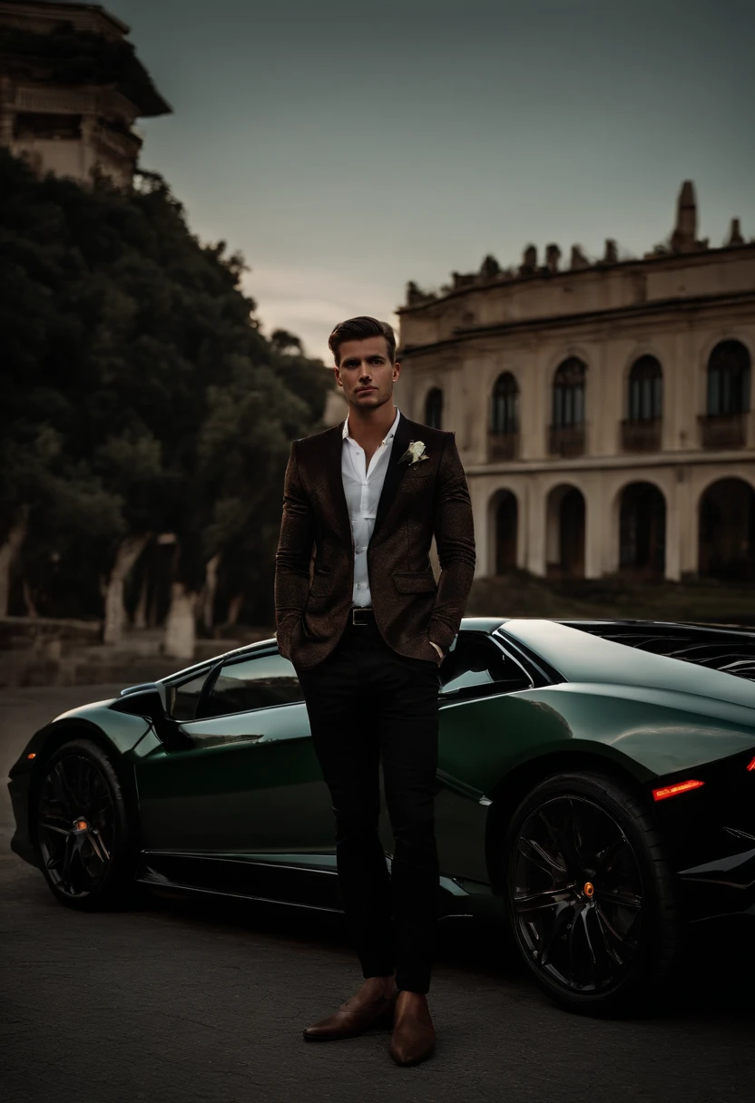 Corpo inteiro, Wide-angle photographic portrait of the body of a handsome man with his back turned near Lamborghini, (23 anos:1.1), (Barbeado:1.2) , (cabelos castanhos curtos cacheados:1.2),(Cabelos curtos:1.3). terno de veludo apertado marrom escuro, (The jacket has black flower patterns:1.2). (posing outside the mansion with a Lamborghini:1.1), Crowded street with cafes in the distance, cold and dark sunset at dusk, (luz de borda:1.1),(Foco nos olhos), (olhar irritado), (luz dura na pele:1.2), (sombras duras, Tema escuro, Contraste profundo:1.1), (fotografia retrato por Annie Liebovitz), Dark mint theme and choral aesthetics, (skin imperfections)