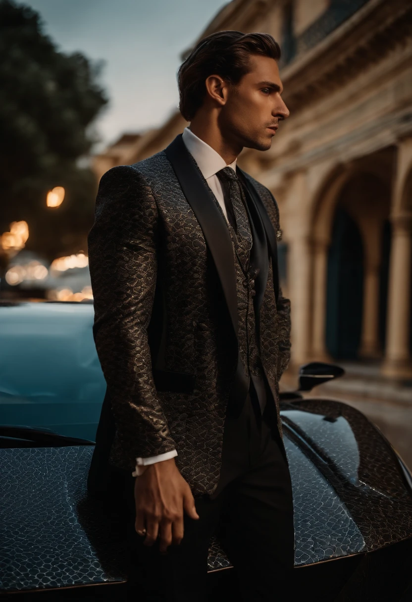Corpo inteiro, Wide-angle photographic portrait of the body of a handsome man with his back turned near Lamborghini, (23 anos:1.1), (Barbeado:1.2) , (cabelos castanhos curtos cacheados:1.2),(Cabelos curtos:1.3). terno de veludo apertado marrom escuro, (The jacket has black flower patterns:1.2). (posing outside the mansion with a Lamborghini:1.1), Crowded street with cafes in the distance, cold and dark sunset at dusk, (luz de borda:1.1),(Foco nos olhos), (olhar irritado), (luz dura na pele:1.2), (sombras duras, Tema escuro, Contraste profundo:1.1), (fotografia retrato por Annie Liebovitz), Dark mint theme and choral aesthetics, (skin imperfections)