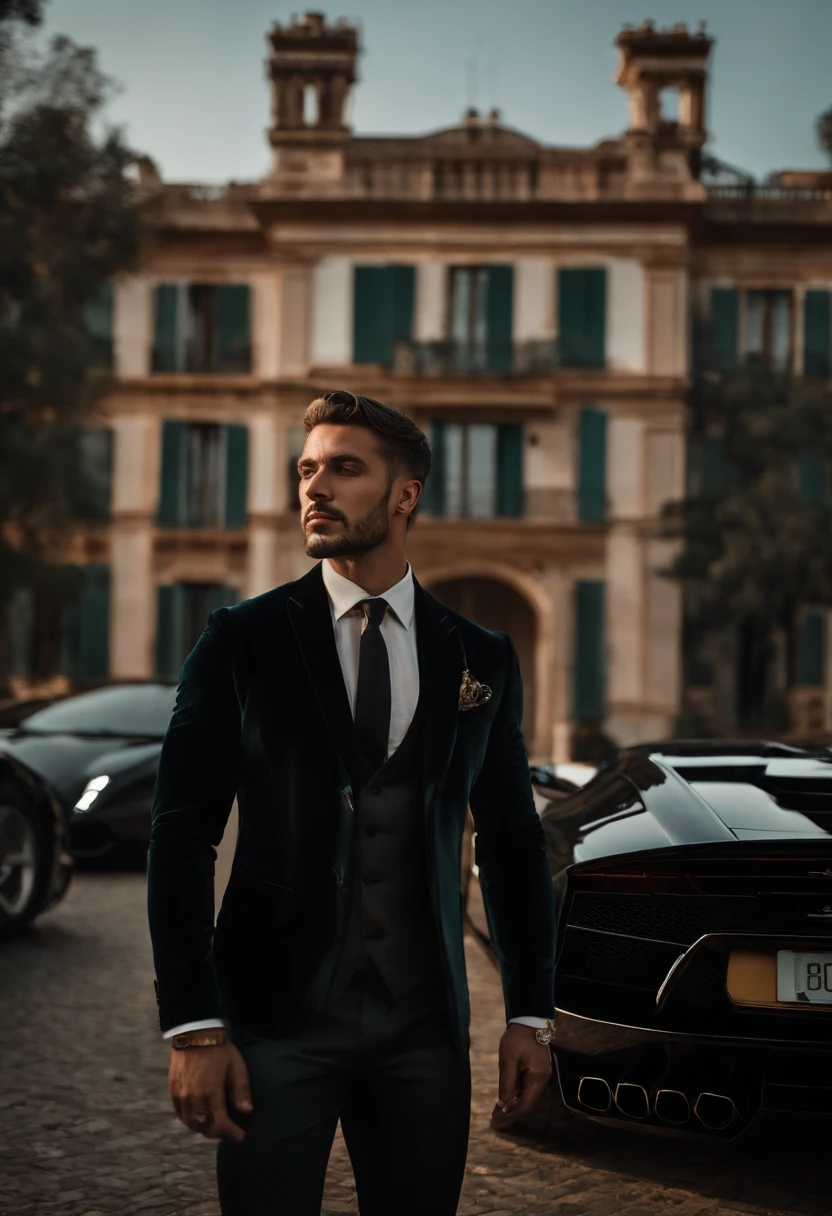 Corpo inteiro, Wide-angle photographic portrait of the body of a handsome man with his back turned near Lamborghini, (23 anos:1.1), (Barbeado:1.2) , (cabelos castanhos curtos cacheados:1.2),(Cabelos curtos:1.3). terno de veludo apertado marrom escuro, (The jacket has black flower patterns:1.2). (posing outside the mansion with a Lamborghini:1.1), Crowded street with cafes in the distance, cold and dark sunset at dusk, (luz de borda:1.1),(Foco nos olhos), (olhar irritado), (luz dura na pele:1.2), (sombras duras, Tema escuro, Contraste profundo:1.1), (fotografia retrato por Annie Liebovitz), Dark mint theme and choral aesthetics, (skin imperfections)