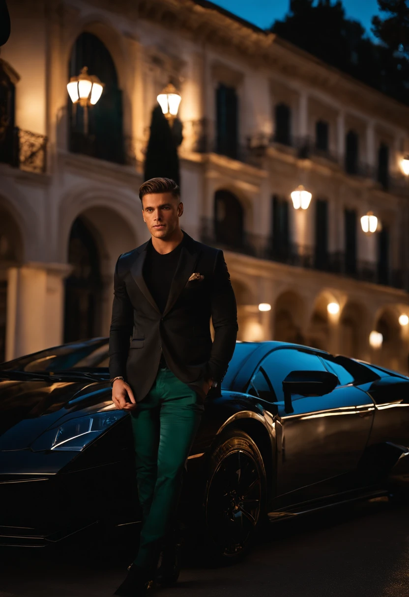 Corpo inteiro, Wide-angle photographic portrait of the body of a handsome man with his back turned near Lamborghini, (23 anos:1.1), (Barbeado:1.2) , (cabelos castanhos curtos cacheados:1.2),(Cabelos curtos:1.3). terno de veludo apertado marrom escuro, (The jacket has black flower patterns:1.2). (posing outside the mansion with a Lamborghini:1.1), Crowded street with cafes in the distance, cold and dark sunset at dusk, (luz de borda:1.1),(Foco nos olhos), (olhar irritado), (luz dura na pele:1.2), (sombras duras, Tema escuro, Contraste profundo:1.1), (fotografia retrato por Annie Liebovitz), Dark mint theme and choral aesthetics, (skin imperfections)