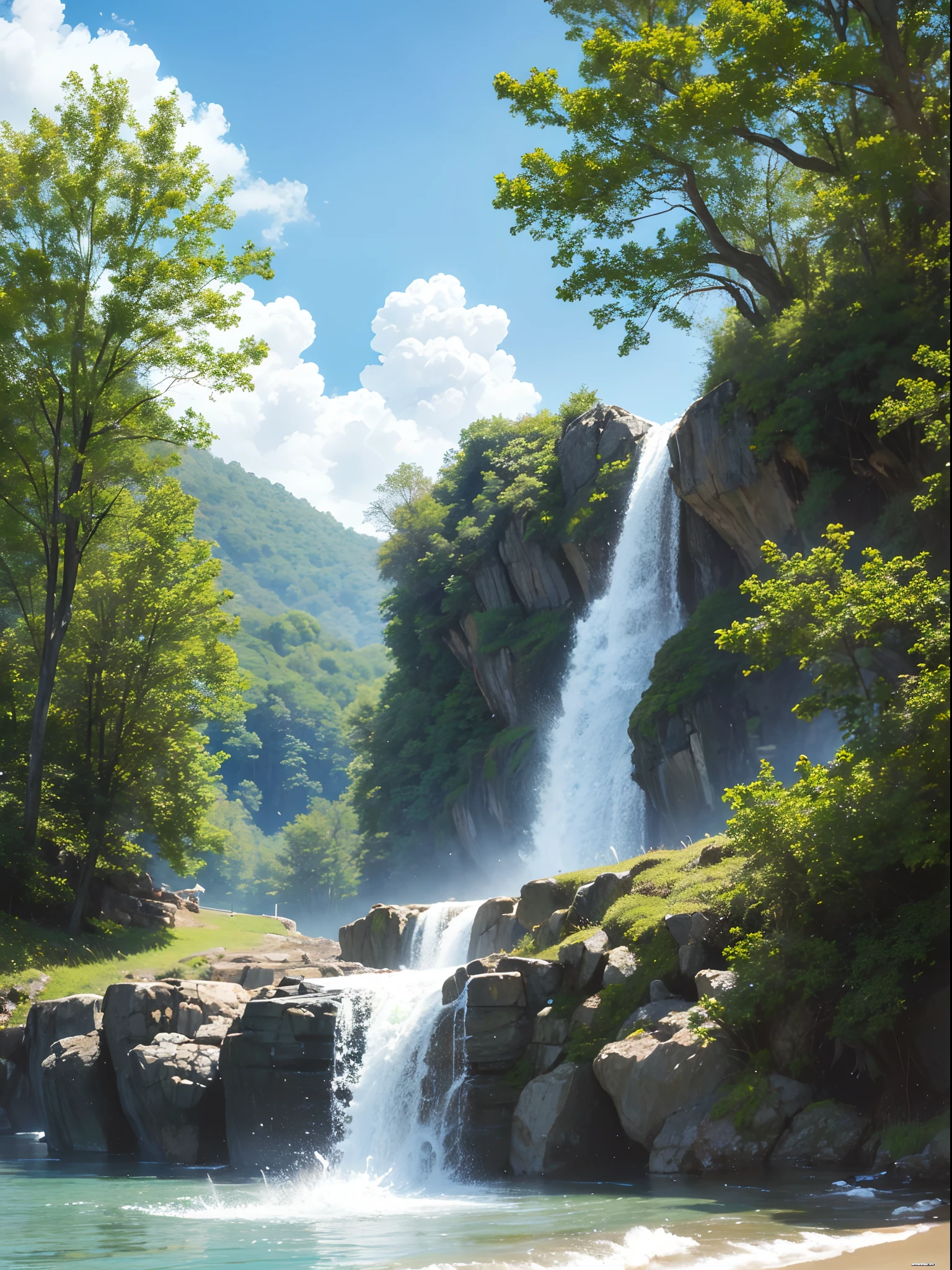 water, wet, splashing, liquid, sunny, day, blue sky, clouds, nature, natural setting, (character focus:1.1), sharp focus, realistic, highly detailed, ultra detailed, best quality, highest quality, realistic lighting, hyperdetailed, hyperrealism, greg rutkowski