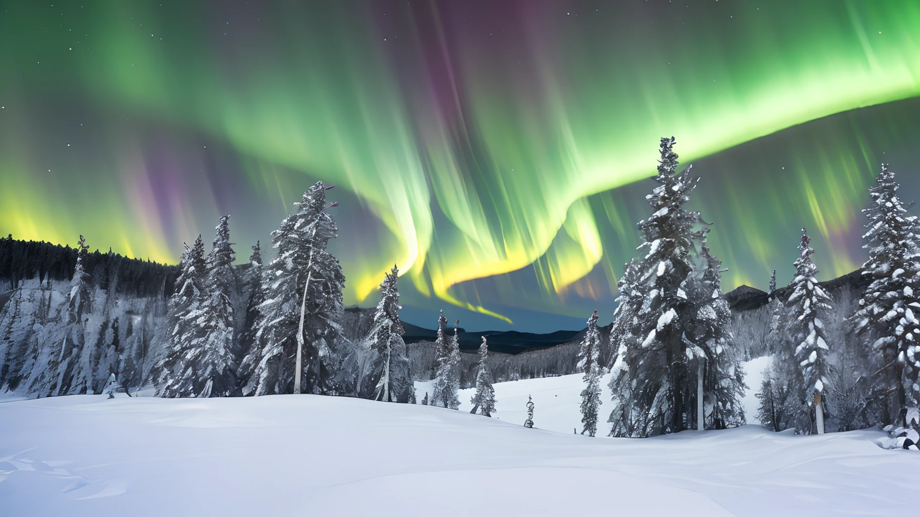 Northern Light, mountain, tree, snow fall