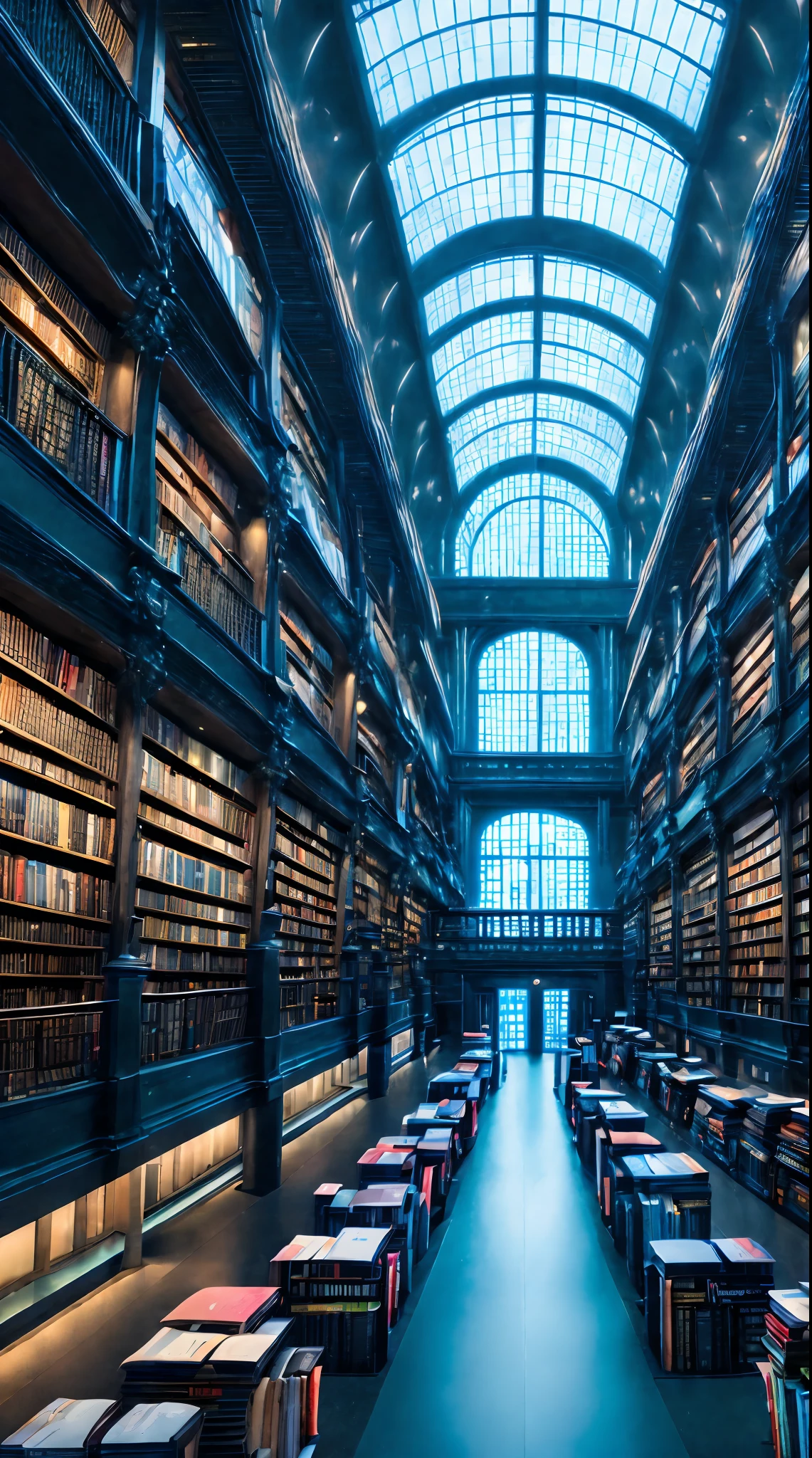 giant futuristic library with thousands of books. A cyberpunk child in the center of the Library looking in awe