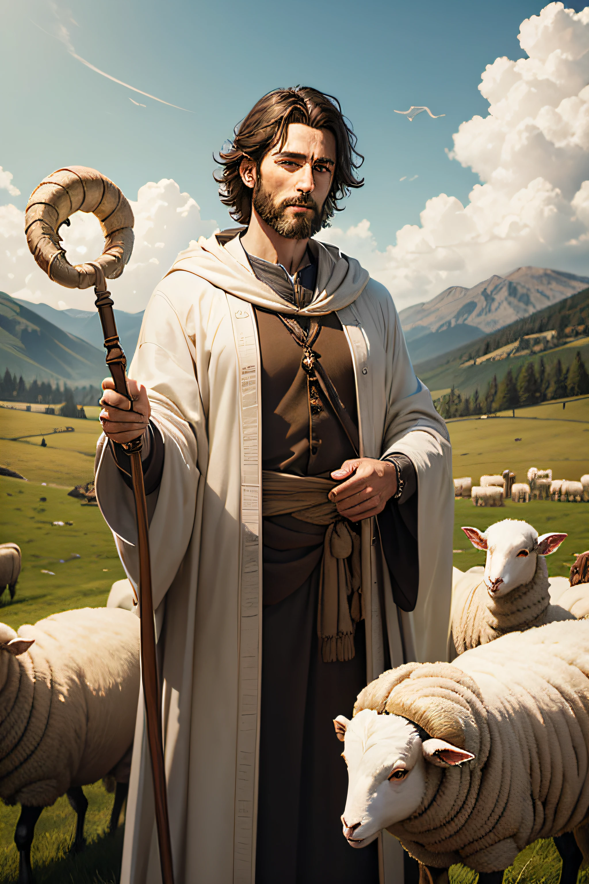 Realistic image, a man in shepherd's robes, holding a staff, with sheep, in a meadow