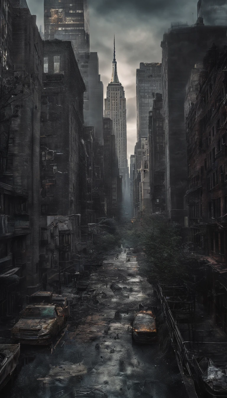 Post-apocalyptic sci-fi world, (Una de new york:1.7), A white flying castle is located in it, (Enormes mecanismos arrojan nubes de humo:1.3), panorama view, nubes de humo, nubes de tormenta, (Obra maestra), (vivid colors:1.6)
