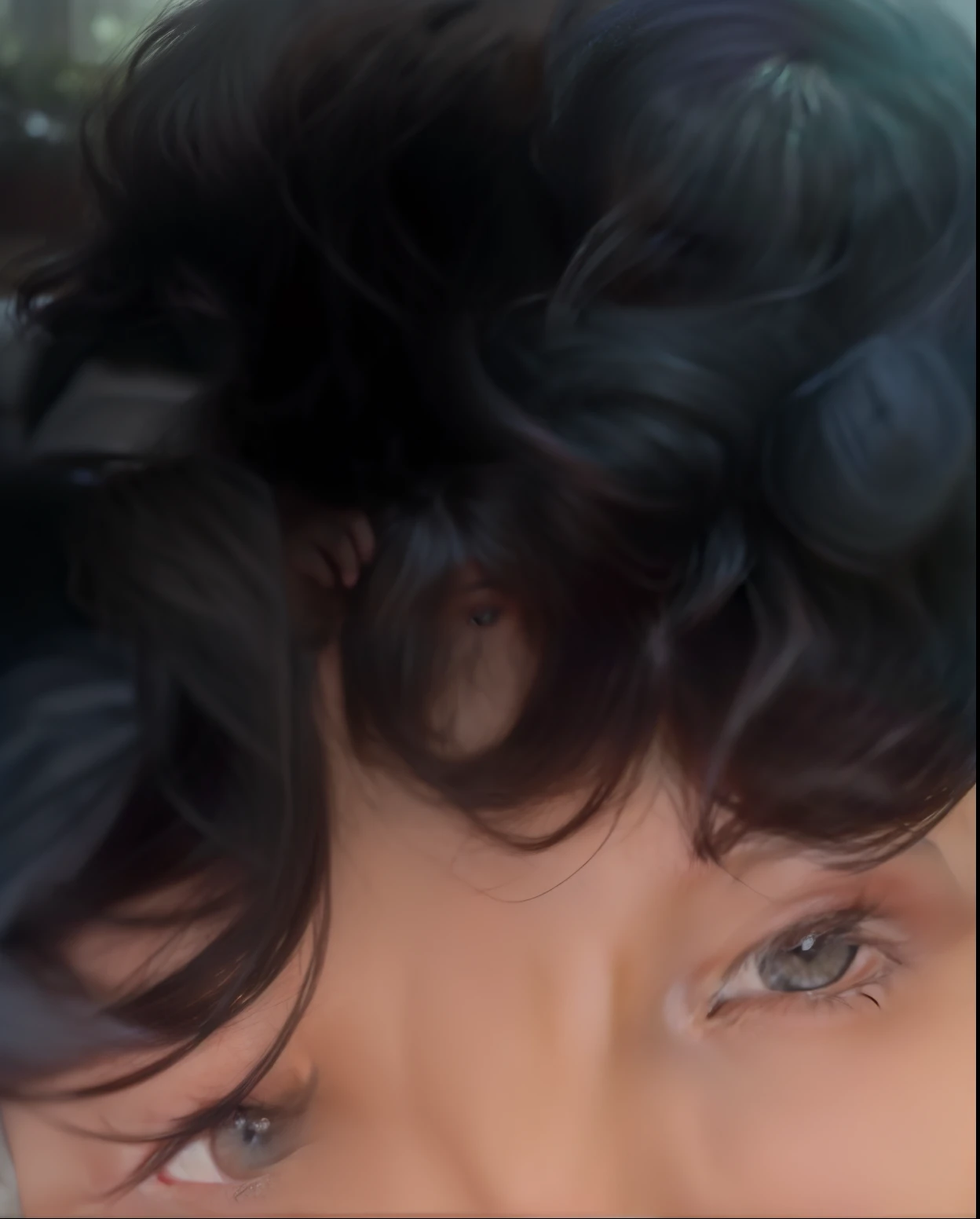 um close up de uma pessoa com cabelo preto e gravata, franja encaracolado, cabelo encaracolado preto, com olhos assombrados e cabelos cacheados, cabelos negros cacheados, com cabelos pretos, cabelos cacheados, (cabelos cacheados escuros e curtos), cachos por cima, messy curly hair, cabelos cacheados e curtos, cabelos escuros cacheados, cabelos pretos e olhos grandes, curly hair , qualidade alta, cor viva