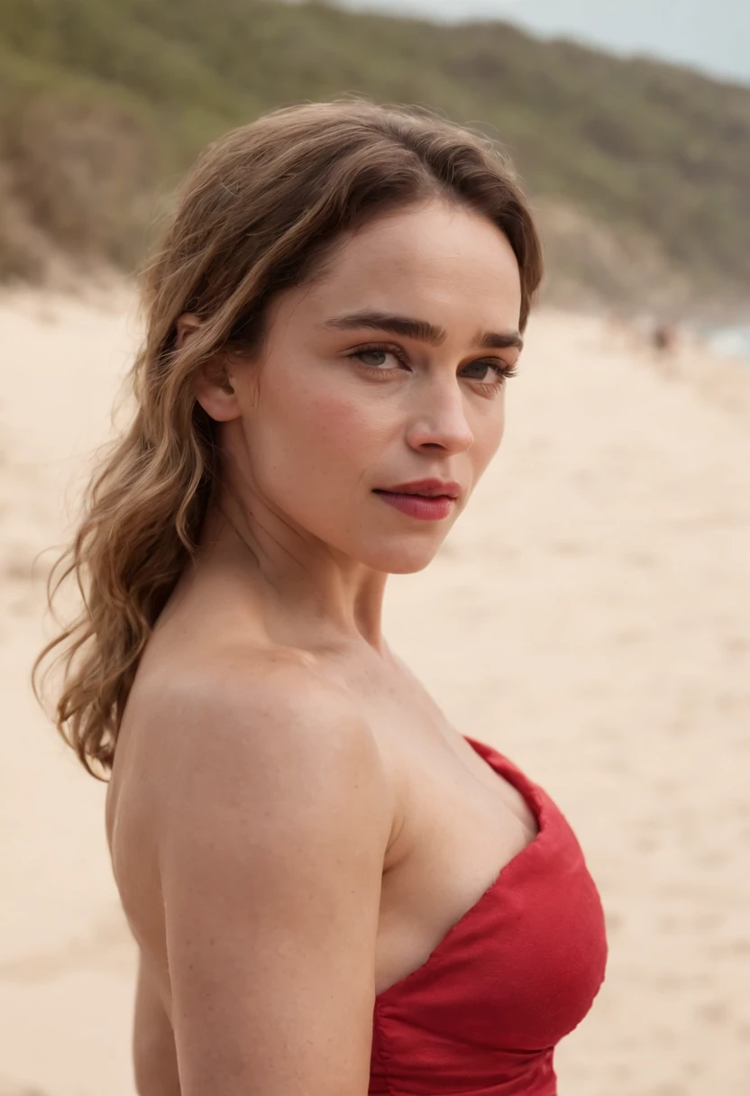 Emilia Clarke in the beach,red bikini, big breast, masterpiece, realistic