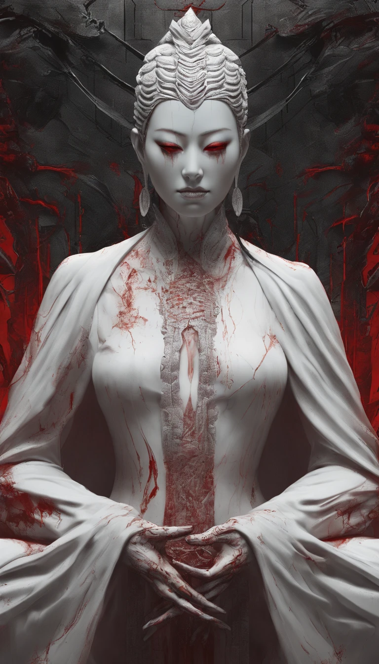 Blood red room, Flashing white TV screen, BUDDHA STATUE, cabelos preto e longos, with hair dishevelled, Cover one eye and face, Bright red eyes, Wearing a white transparent robe, Looming full breasts,liquor,Devil, reaching out her hands,Straighten your body, Red nails are exposed, Pinch the camera, hyper HD, Anatomically correct, Textured skin, Super detail, High details, High quality, A high resolution, 8K, hyper HD, Anatomically correct, Textured skin, Super detail, High details, High quality, Best quality, 8K,Leishnampo,Room 2,Horror