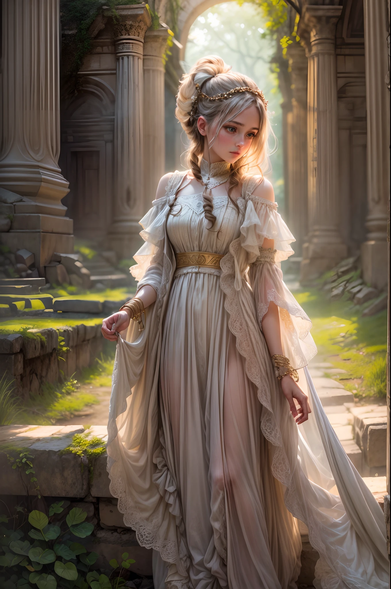 (best quality,4k,8k,highres,masterpiece:1.2),ultra-detailed,(realistic,photorealistic,photo-realistic:1.37),portraits,landscape,medium:oil painting,ancient ruins,breathtaking scenery,dreamy atmosphere,magical,historical charm,girl,curiosity,adventure,exploration,dressed in flowing gown,graceful,solemn expression,intricate details,delicate brushwork,mystical horn,gleaming in her hand,subtle light effects,sunlight streams,filtering through the dense foliage,captivating shadows,dappled sunlight,illuminating both the girl and the ruins,mysterious ambiance,earth tones,elegant color palette,faint mist,hinting at unseen magic,sensitivity to natural beauty,astonishing realism,strong sense of depth,whimsical touches,sublime composition,vivid colors,impressive artistry,stunning visual narrative
