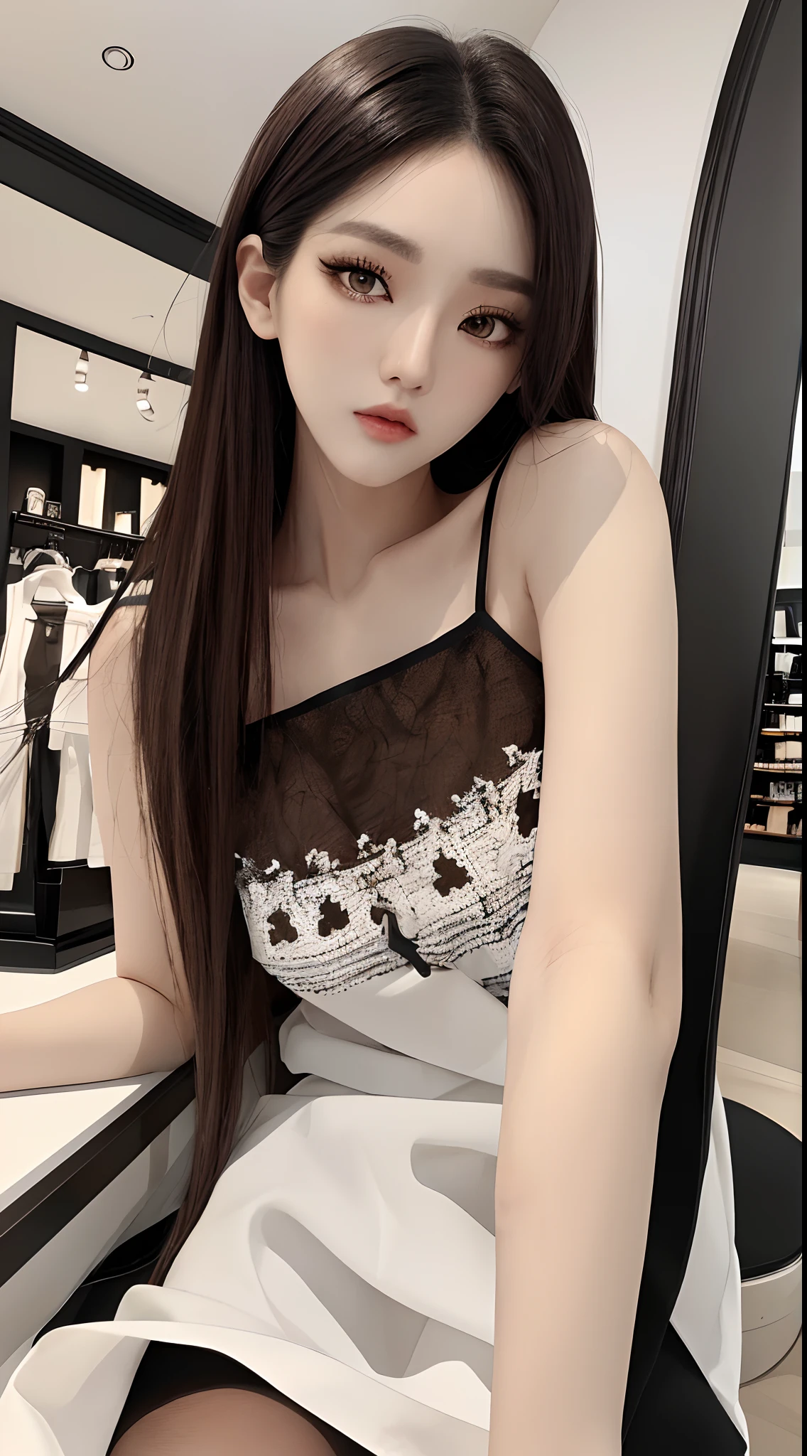masterpiece、top-quality)、1 beutiful girl、Slim body、(Black and white plain clothes:1.1)、(Detailed beautiful eyes)、Inside the store、((Brown Shorthair))、((Smaller face))、tall、((Light brown eyes))、((Korean Girl))、((cool lady))、((Wild look))、((Korean Makeup))、((elongated and sharp eyes))、((Dating))、((Keep an eye on your audience))、((boyish))