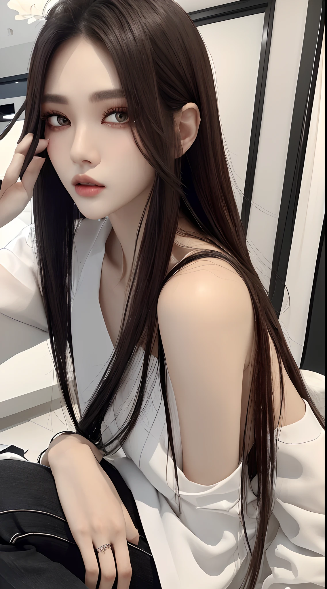 masterpiece、top-quality)、1 beutiful girl、Slim body、(Black and white plain clothes:1.1)、(Detailed beautiful eyes)、Inside the store、((Brown Shorthair))、((Smaller face))、tall、((Light brown eyes))、((Korean Girl))、((cool lady))、((Wild look))、((Korean Makeup))、((elongated and sharp eyes))、((Dating))、((Keep an eye on your audience))、((boyish))