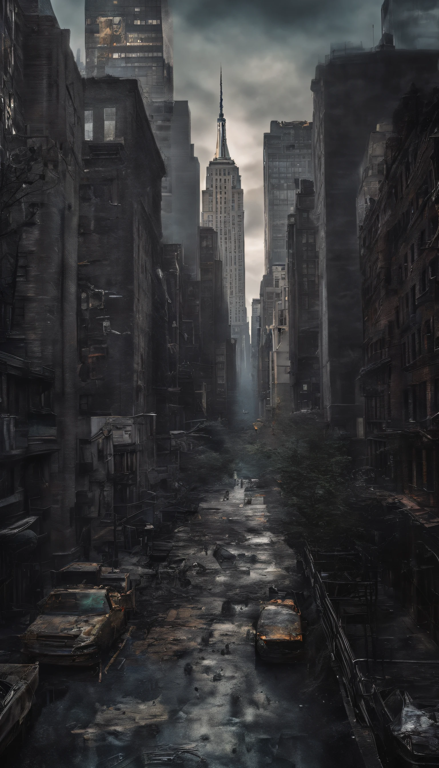 Post-apocalyptic sci-fi world, (Una de new york:1.7), A white flying castle is located in it, (Enormes mecanismos arrojan nubes de humo:1.3), panorama view, nubes de humo, nubes de tormenta, (Obra maestra), (vivid colors:1.6)
