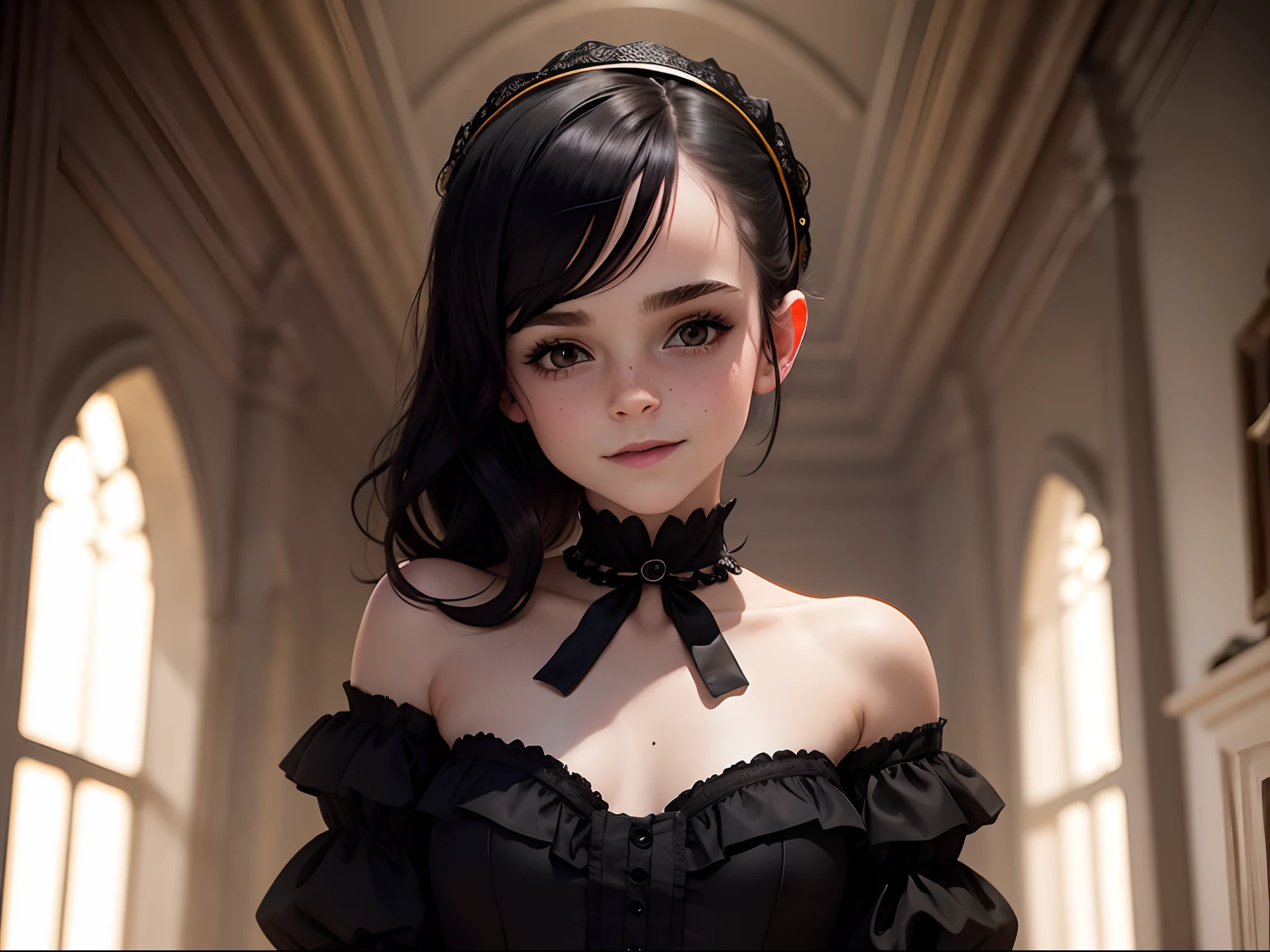 tween Emma Watson wearing a black gothic strapless playsuit in a creepy mansion, small bust, small chest, cute smile, black hair accessories, black makeup, black lips, black collar, black hair.