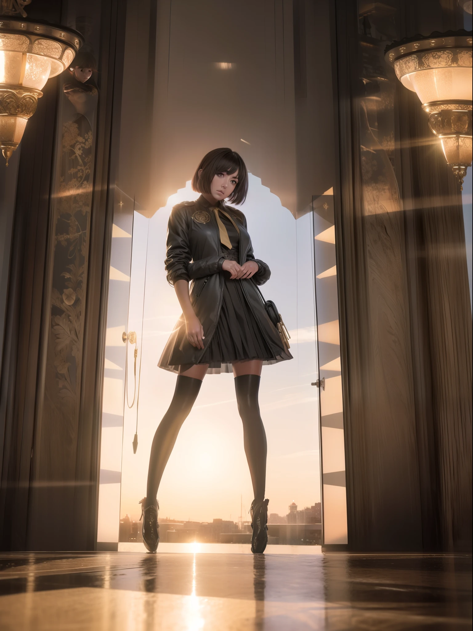 1girl, intricate detail, masterpiece, best quality, extremly detailed,cinematic lighting, beautiful detailed glow, finely detailed beautiful face and eyes, 8k, dark intense shadows, yellow eyes, medium hair, black hair, bangs, floating hair, black jacket, open jacket, white shirt, expressionless, yellow necktie, black skirt, spotlight, sunshine, sunrise, gradient sky, city, lens flare, cowboy shot, [[curvy]], [mature female]