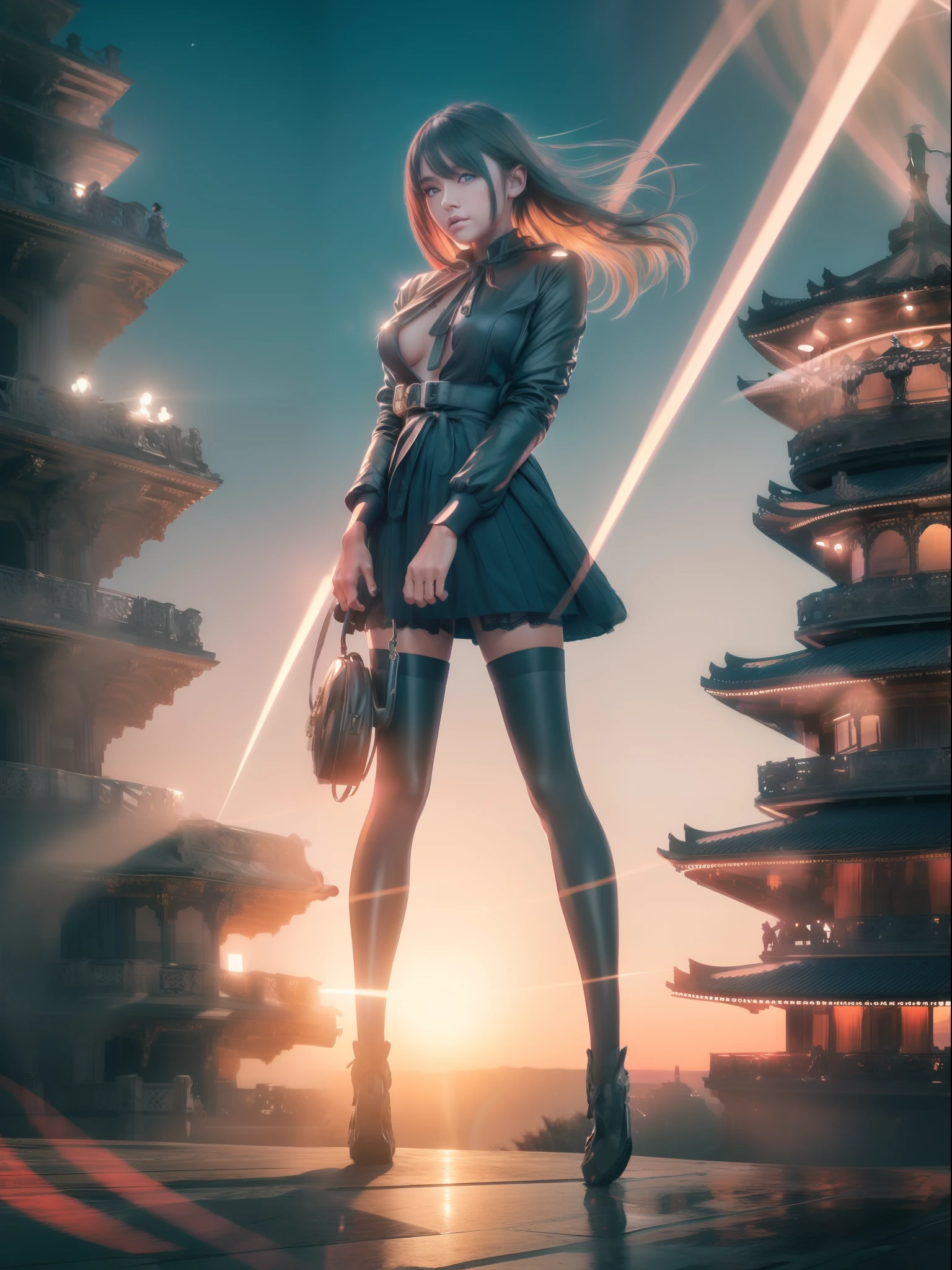 1girl, intricate detail, masterpiece, best quality, extremly detailed,cinematic lighting, beautiful detailed glow, finely detailed beautiful face and eyes, 8k, dark intense shadows, yellow eyes, medium hair, black hair, bangs, floating hair, black jacket, open jacket, white shirt, expressionless, yellow necktie, black skirt, spotlight, sunshine, sunrise, gradient sky, city, lens flare, cowboy shot, [[curvy]], [mature female]