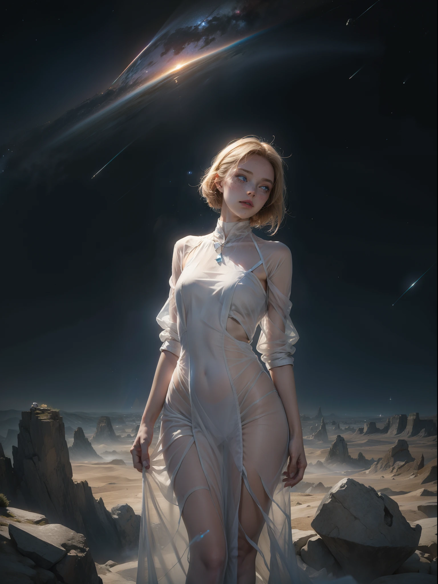 1girl, gorgeous, freckles, blonde, blue eyes, (wearing linen see through dress:1.2), outer space, dry rocks environment, Interstellar, Surrealism, Dreamy dim daylight, glass shards, space fragmentation, re ghotion, minimalism, emptiness, spaciousness, faint accent lights, film grain, horror photography, misty and foggy atmosphere, neon, glow, (wide hips:1.4)