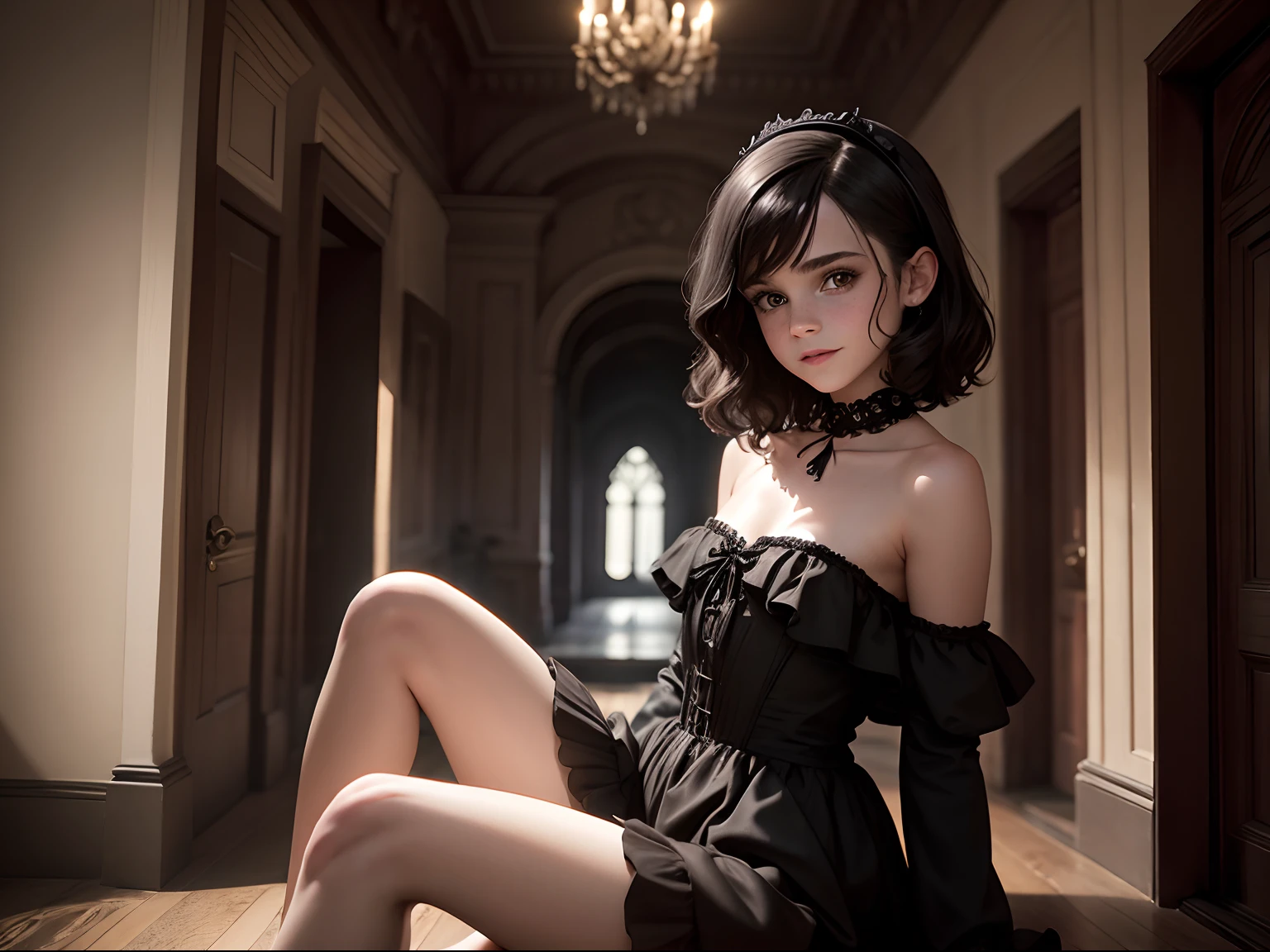 tween Emma Watson wearing a black gothic strapless playsuit in a creepy mansion, small bust, small chest, cute smile, black hair accessories, black makeup, black lips, black collar, black hair.
