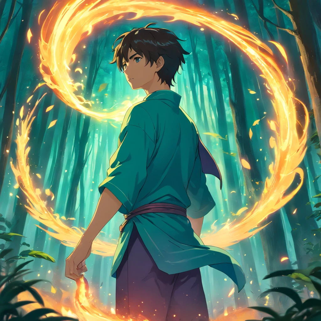 In the middle of an ancient forest and covered with vegetation, The essence of magic takes shape through a man, seus cabelos loiro como ouro e seus olhos uma chama dourada radiante. A mystical mark adorns his neck, cintilante com poder latente. Dentro de uma clareira, He is engulfed by a cascading torrent of flames, o calor do fogo temperado por uma energia sobrenatural. Like the magic fire spirals and dances, evokes a spinning dance of luminous particles, each a fragment of his ethereal aura. Arcane symbols materialize in the air, its glow casting a sinister light on his intense focus. The scene exudes a sense of ancient power and occult knowledge, As if the woods themselves were alive with long-forgotten secrets. The atmosphere is of serene intensity, where the balance of nature and magic intertwine. The illustration style captures this mystical aura through detailed digital art, combinando linhas intrincadas com paletas de cores vibrantes. --AR 16:9 --V 5