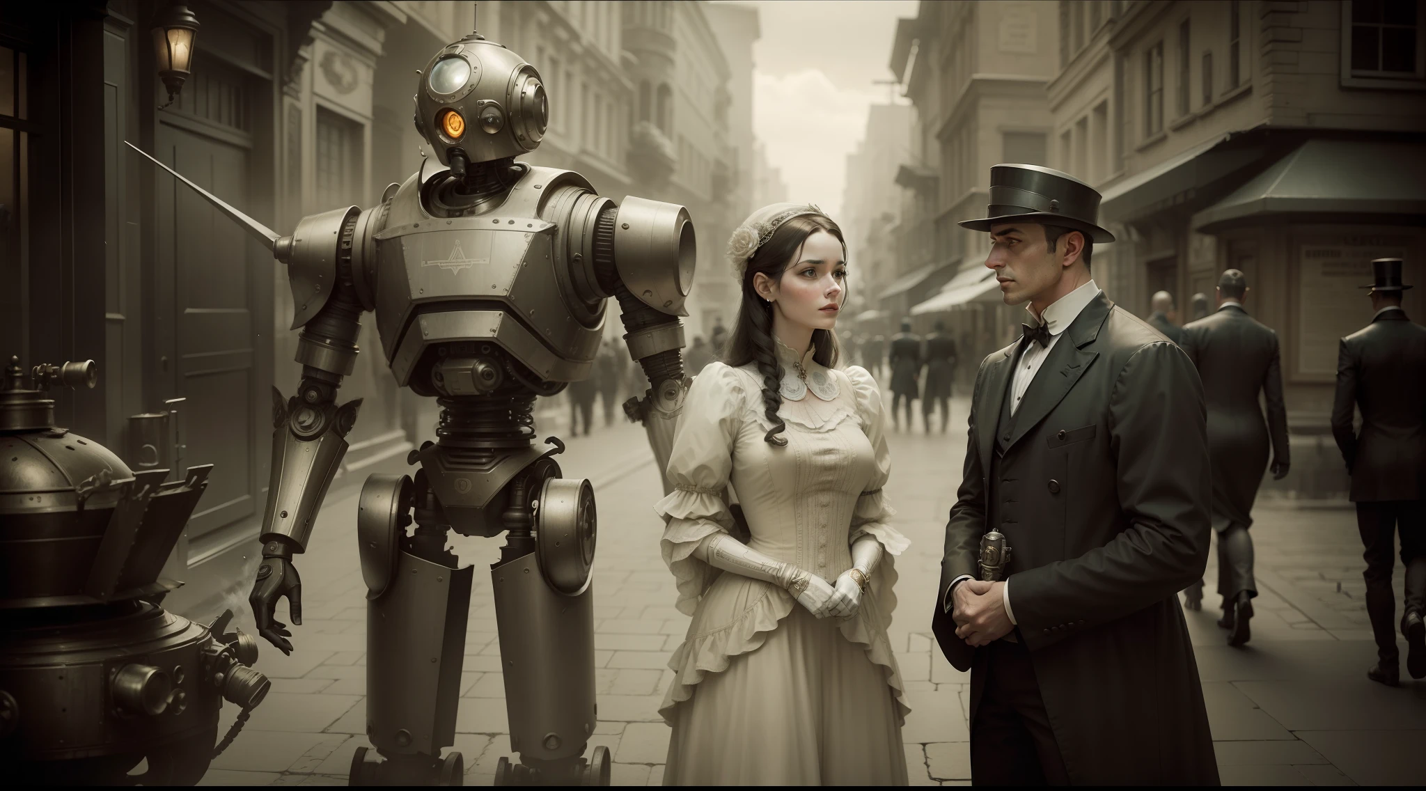 arafed robot standing next to a woman in a dress, steam-punk, elegant photorealistic cinematic, desaturated color, posing in disguise among humans, inspired by David Roberts, android heroine, russian costume, 2 0 1 4. modern attire, color restoration, mashup