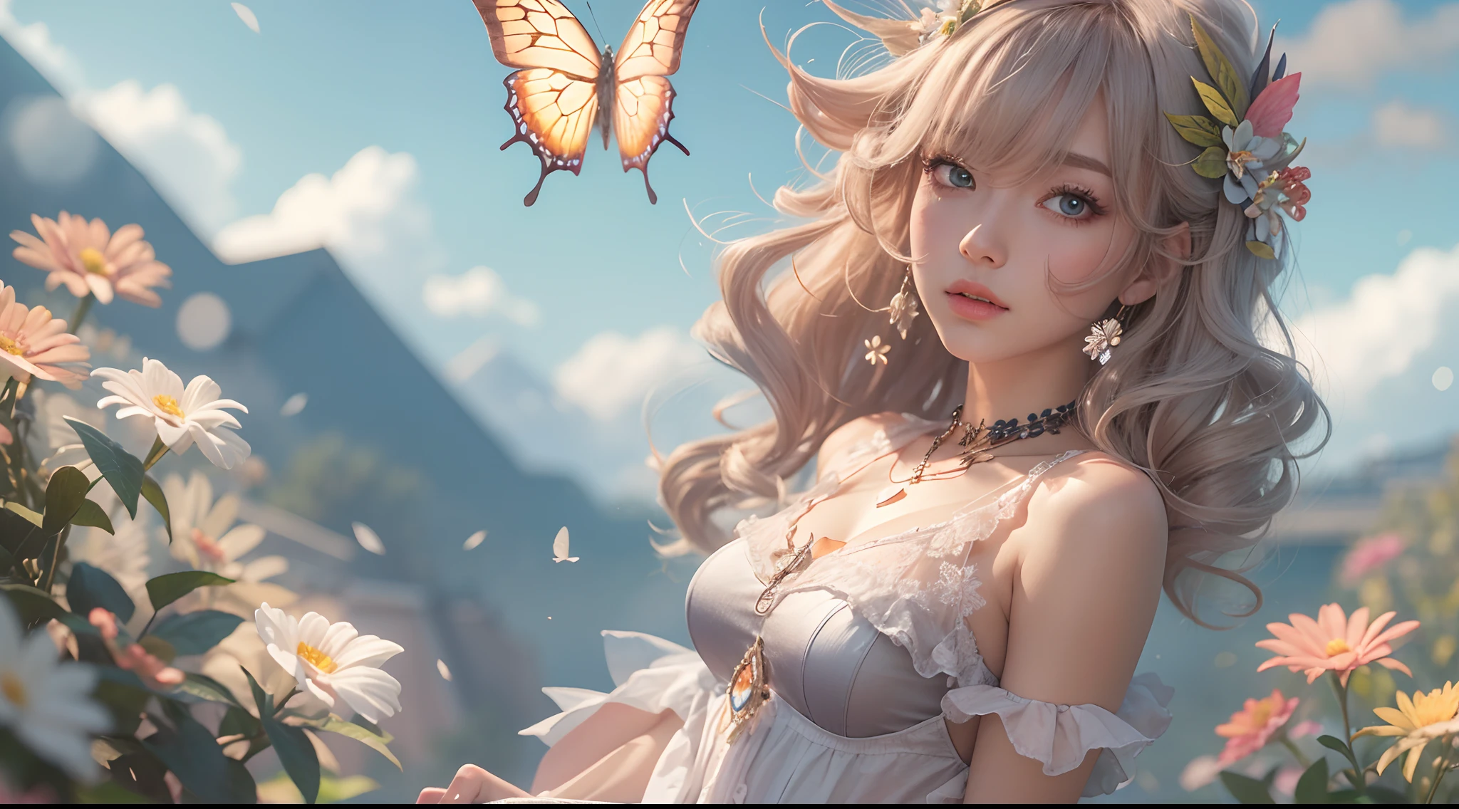 (One of the best, high high quality, 4K, 8K, High-res, Masterpiece:1.2), 1 girl, intricately details, cropped shoulders, Mini skirt, necklace, Ruffled hem, sheerfabric, peeking out, Reddening cheeks, Butterfly wings, Sit in the clouds, Blurred background, floral patterns, Lost in thought, from league of legends, as K/kaisa.