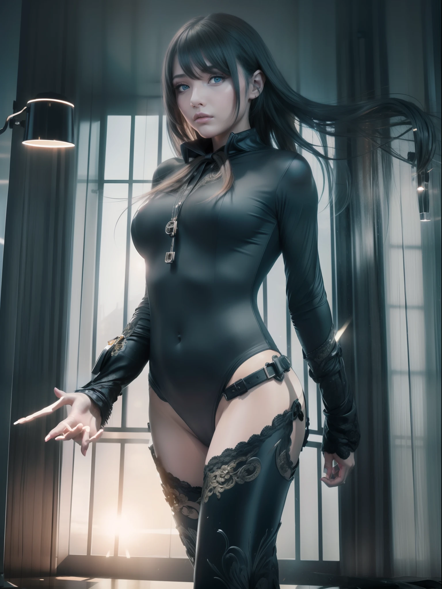 1girl, intricate detail, masterpiece, best quality, extremly detailed,cinematic lighting, beautiful detailed glow, finely detailed beautiful face and eyes, 8k, dark intense shadows, yellow eyes, medium hair, black hair, bangs, floating hair, black jacket, open jacket, white shirt, expressionless, yellow necktie, black skirt, spotlight, sunshine, sunrise, gradient sky, city, lens flare, cowboy shot, [[curvy]], [mature female]