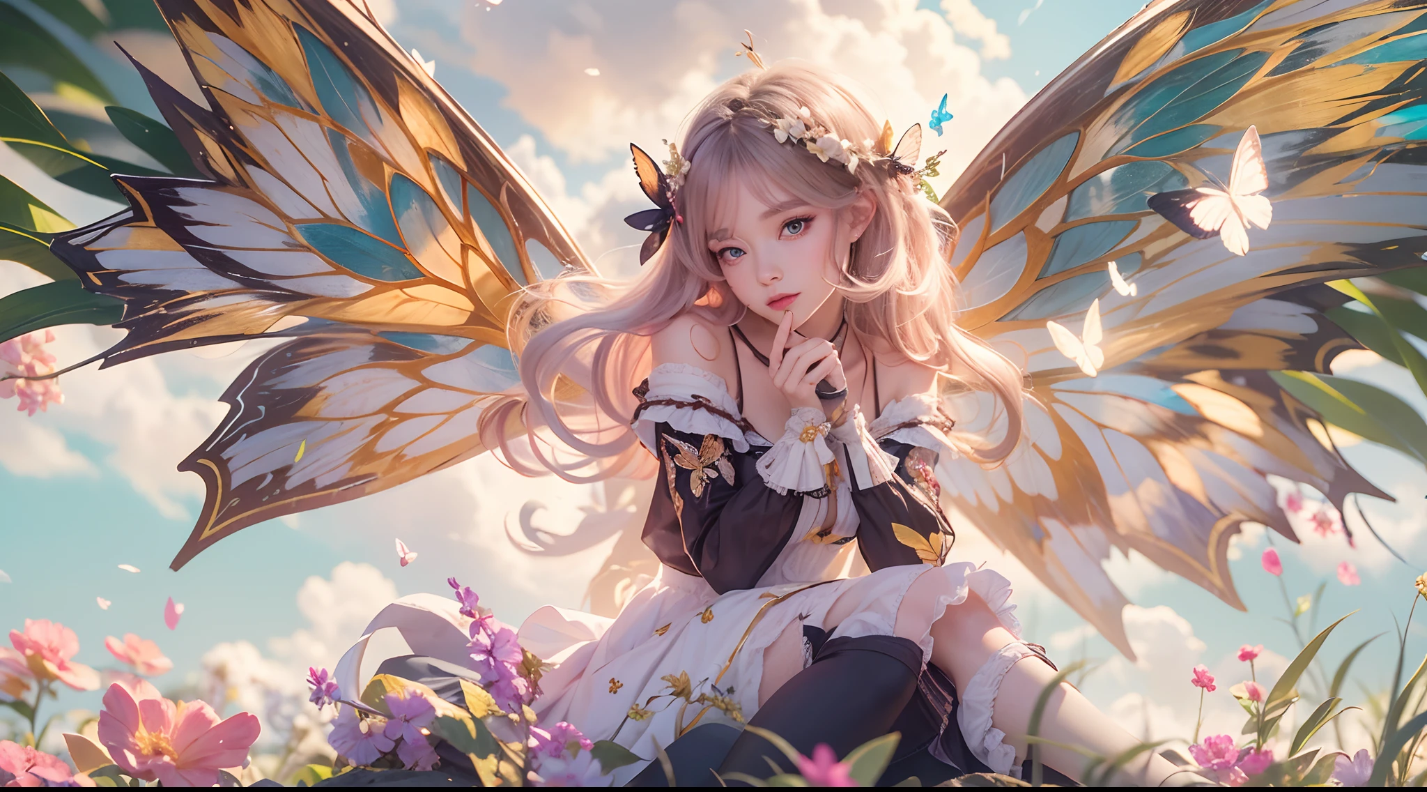 (One of the best, high high quality, 4K, 8K, High-res, Masterpiece:1.2), 1 girl, intricately details, cropped shoulders, Mini skirt, necklace, Ruffled hem, sheerfabric, peeking out, Reddening cheeks, Butterfly wings, Sit in the clouds, Blurred background, floral patterns, Lost in thought, from league of legends, as K/kaisa.