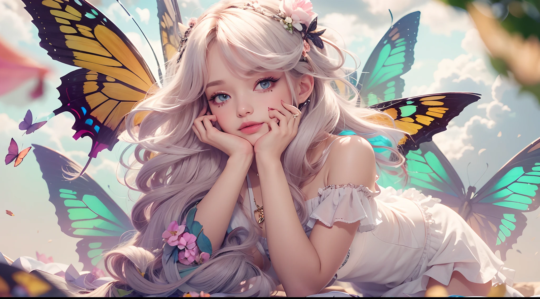 (One of the best, high high quality, 4K, 8K, High-res, Masterpiece:1.2), 1 girl, intricately details, cropped shoulders, Mini skirt, necklace, Ruffled hem, sheerfabric, peeking out, Reddening cheeks, Butterfly wings, Sit in the clouds, Blurred background, floral patterns, Lost in thought, from league of legends, as K/kaisa.