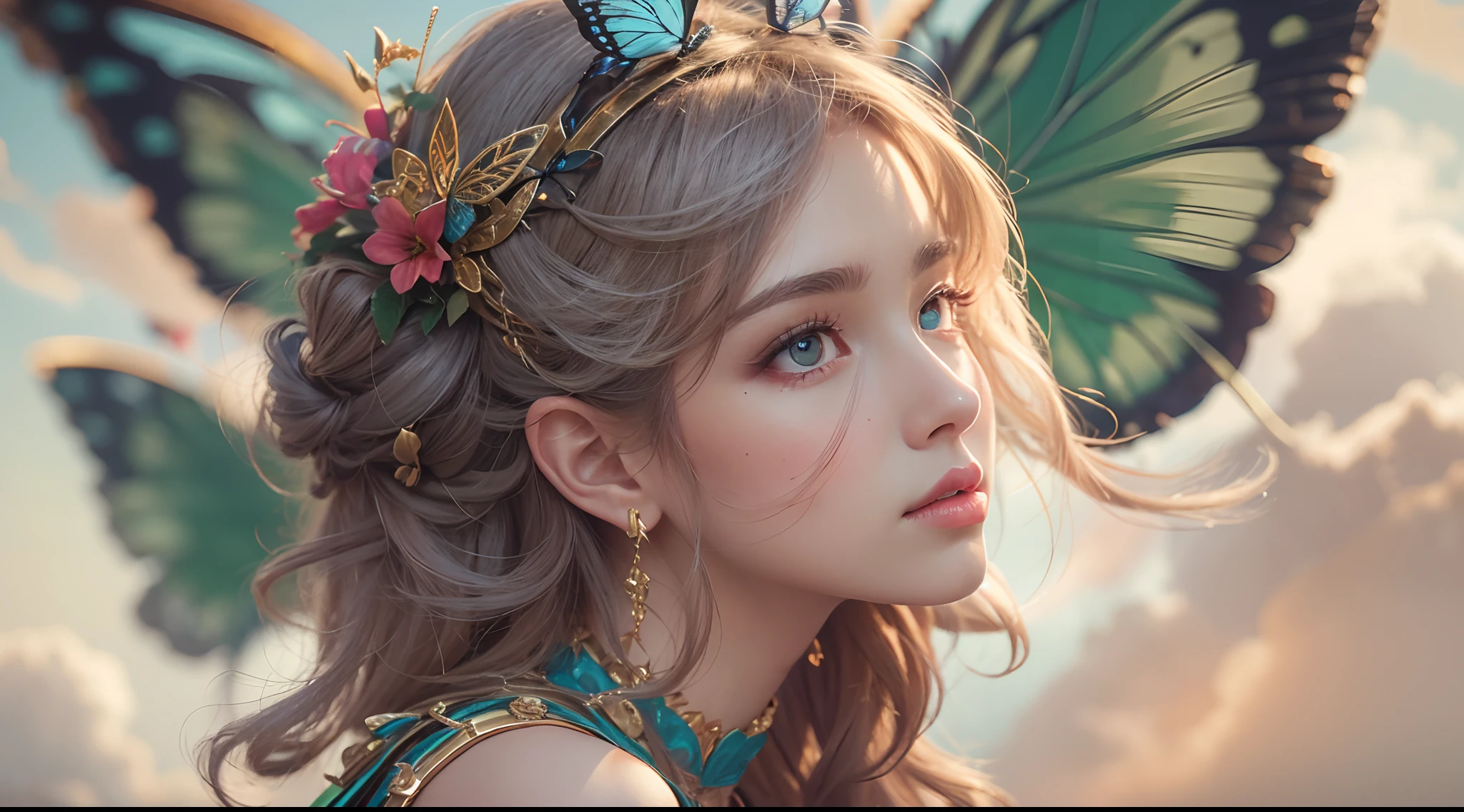 (One of the best, high high quality, 4K, 8K, High-res, Masterpiece:1.2), 1 girl, intricately details, cropped shoulders, Mini skirt, necklace, Ruffled hem, sheerfabric, peeking out, Reddening cheeks, Butterfly wings, Sit in the clouds, Blurred background, floral patterns, Lost in thought, from league of legends, as K/kaisa.
