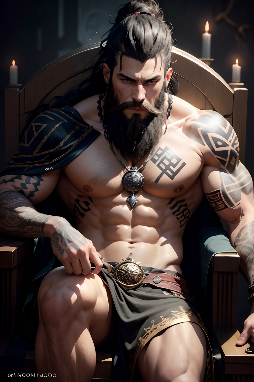 a close up of a man with tattoos and a beard, blackbeard, young human male , with glowing runes on the body, male god svarog portrait, norse god, covered in runes, fit young male , concept art of god, muscular , young god, skinny male fantasy alchemist, detailed full body concept, muscular character, immortal, no wrinkles, sitting on a throne