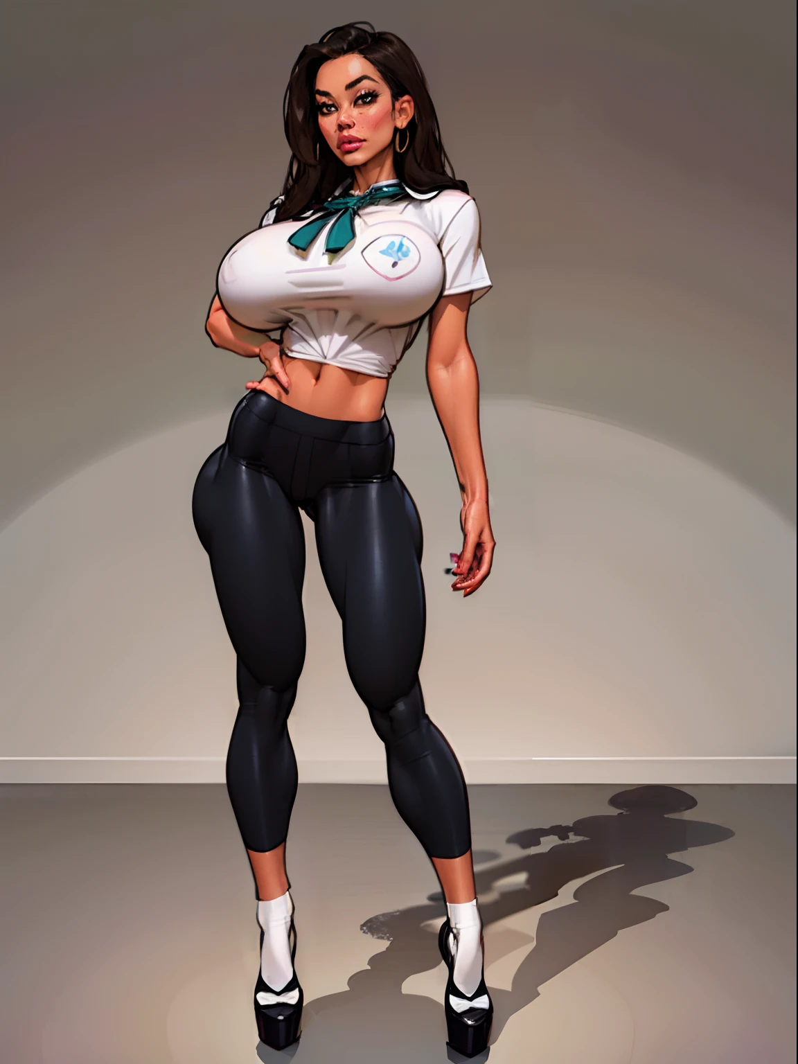 Lonely young adult girl, Tall stature, large chest, closed mouth, asian face: brown eyes; black hair; sharp facial features; dimple on the chin; asian; ; pronounced high cheekbones; high forehead, stands upright, (gigantic breasts:1.4), detailed face, school uniform: large ribbon; pants, Full-length painting, white crew socks, black heels, big eyes, Thepit style