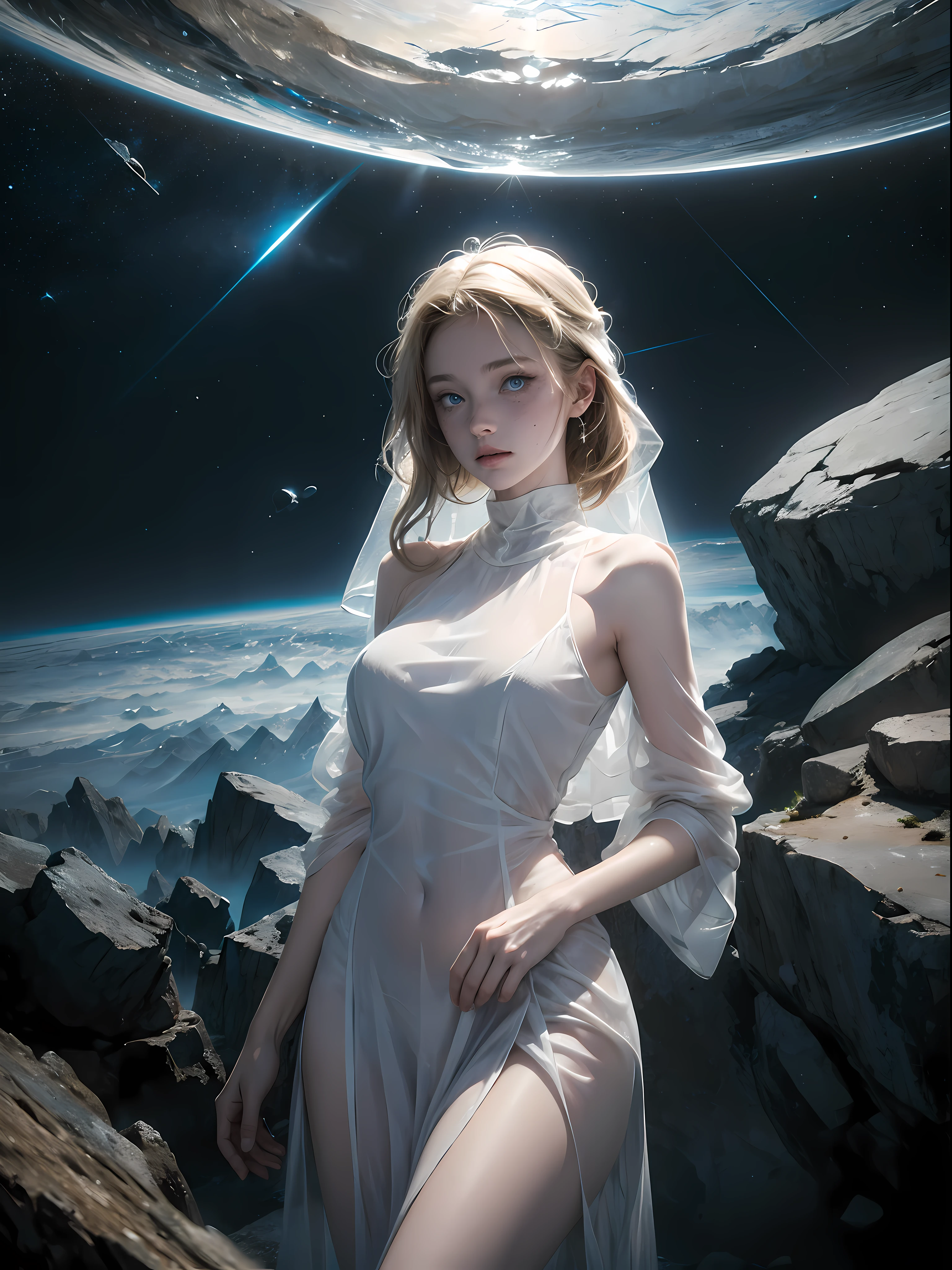 1girl, gorgeous, freckles, blonde, blue eyes, (wearing linen see through dress:1.2), outer space, dry rocks environment, Interstellar, Surrealism, Dreamy dim daylight, glass shards, space fragmentation, re ghotion, minimalism, emptiness, spaciousness, faint accent lights, film grain, horror photography, misty and foggy atmosphere, neon, glow, (wide hips:1.4)