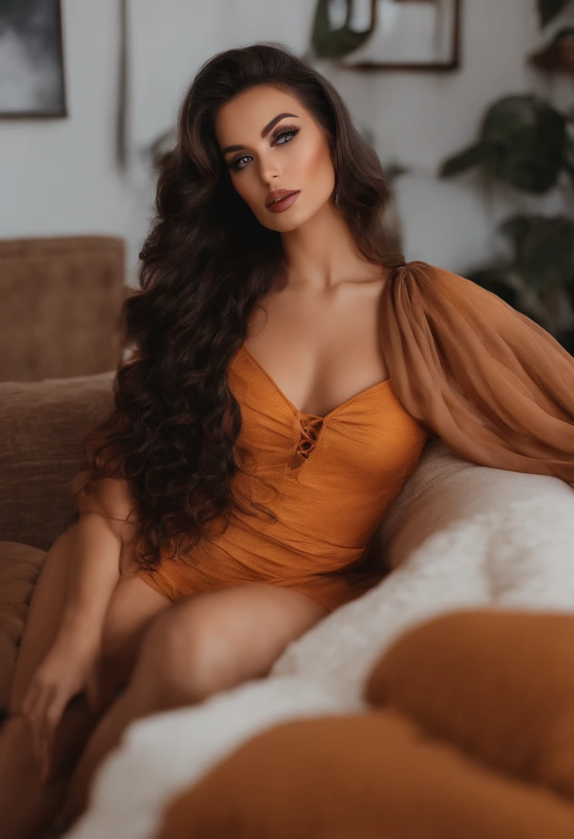 beautiful woman, ((voluptuous body)), (wide hips)), (small waist), (large massive boobs)), (visible cameltoe)), (full body wide view), laying down, wearing bikini, short skirts long boots, stockings long hair, indoors, soft lighting, plants in background, window with sunlight, cozy room, relaxed pose, realistic, intricate details, warm colors,