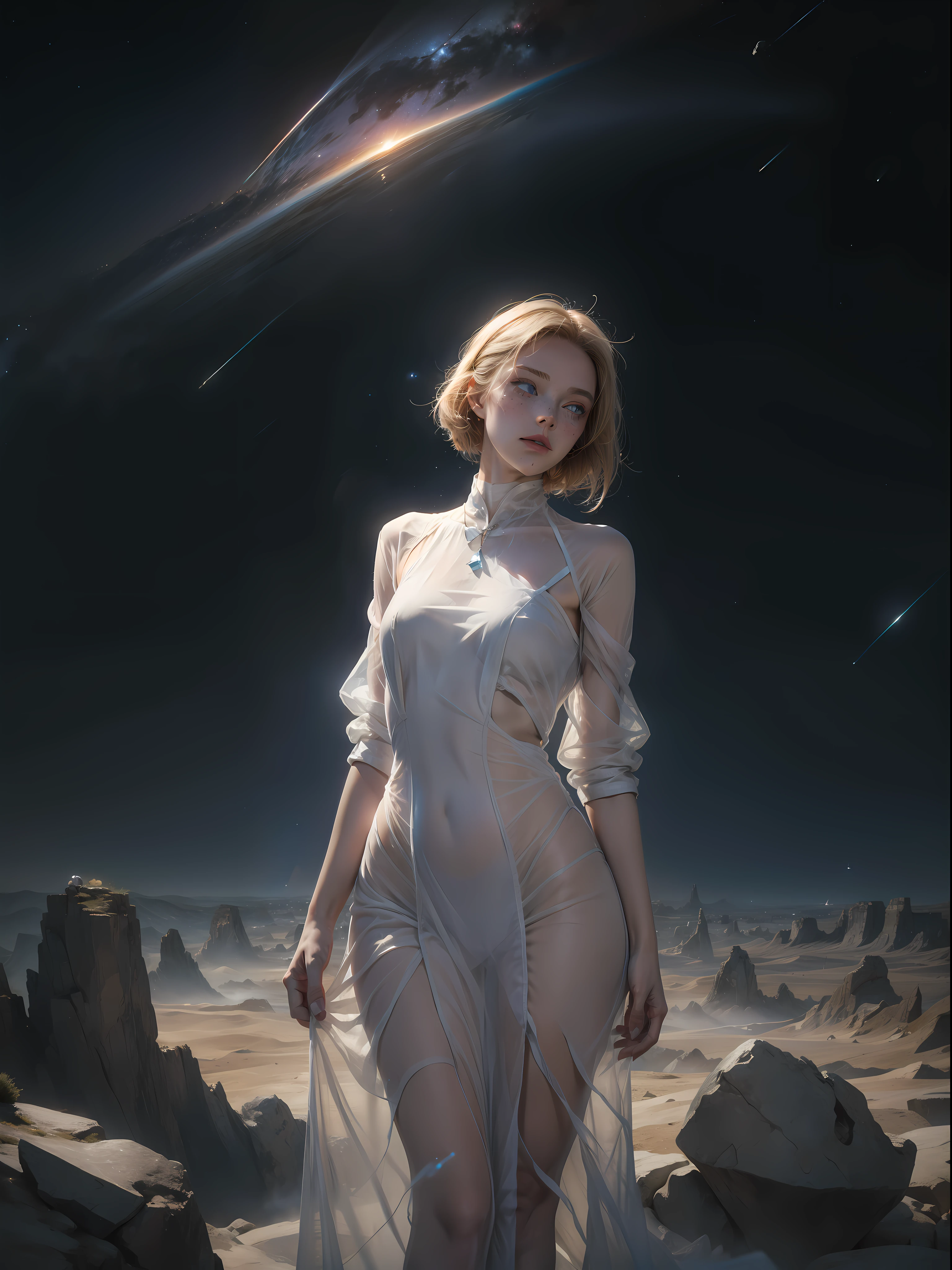1girl, gorgeous, freckles, blonde, blue eyes, (wearing linen see through dress:1.2), outer space, dry rocks environment, Interstellar, Surrealism, Dreamy dim daylight, glass shards, space fragmentation, re ghotion, minimalism, emptiness, spaciousness, faint accent lights, film grain, horror photography, misty and foggy atmosphere, neon, glow, (wide hips:1.4)