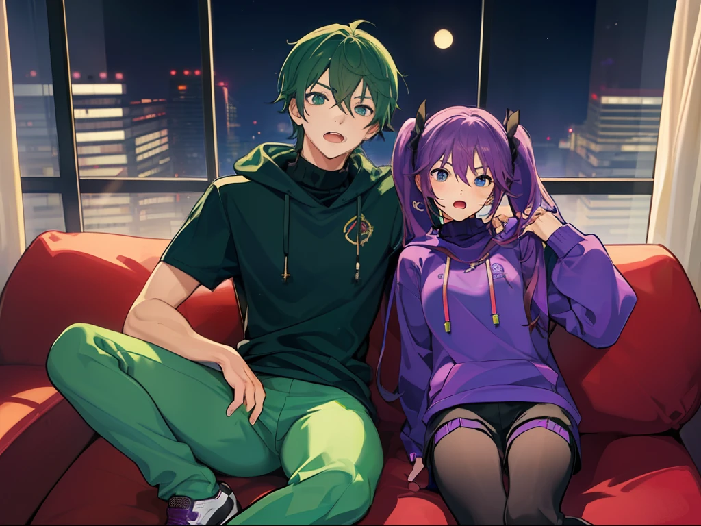 masterpiece, best quality, (expressive eyes), (perfect face), (teenage), (boy and girl:1.5), (brother and sister), group shot, full body, wide angle, depth of field, looking at viewers, {(sister, purple twintail hair, purple hoodie, shorts)}, {(brother, greenhair, green turtleneck, leggings)}, apartment, night, sitting on a sofa, playing video games, fighting to win