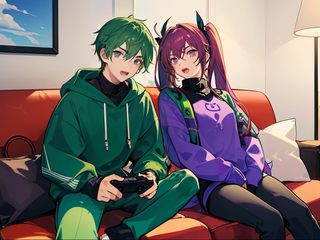 masterpiece, best quality, (expressive eyes), (perfect face), (teenage), (boy and girl:1.5), (brother and sister), group shot, full body, wide angle, depth of field, looking at viewers, {(sister, purple twintail hair, purple hoodie, shorts)}, {(brother, greenhair, green turtleneck, leggings)}, apartment, night, sitting on a sofa, playing video games, fighting to win