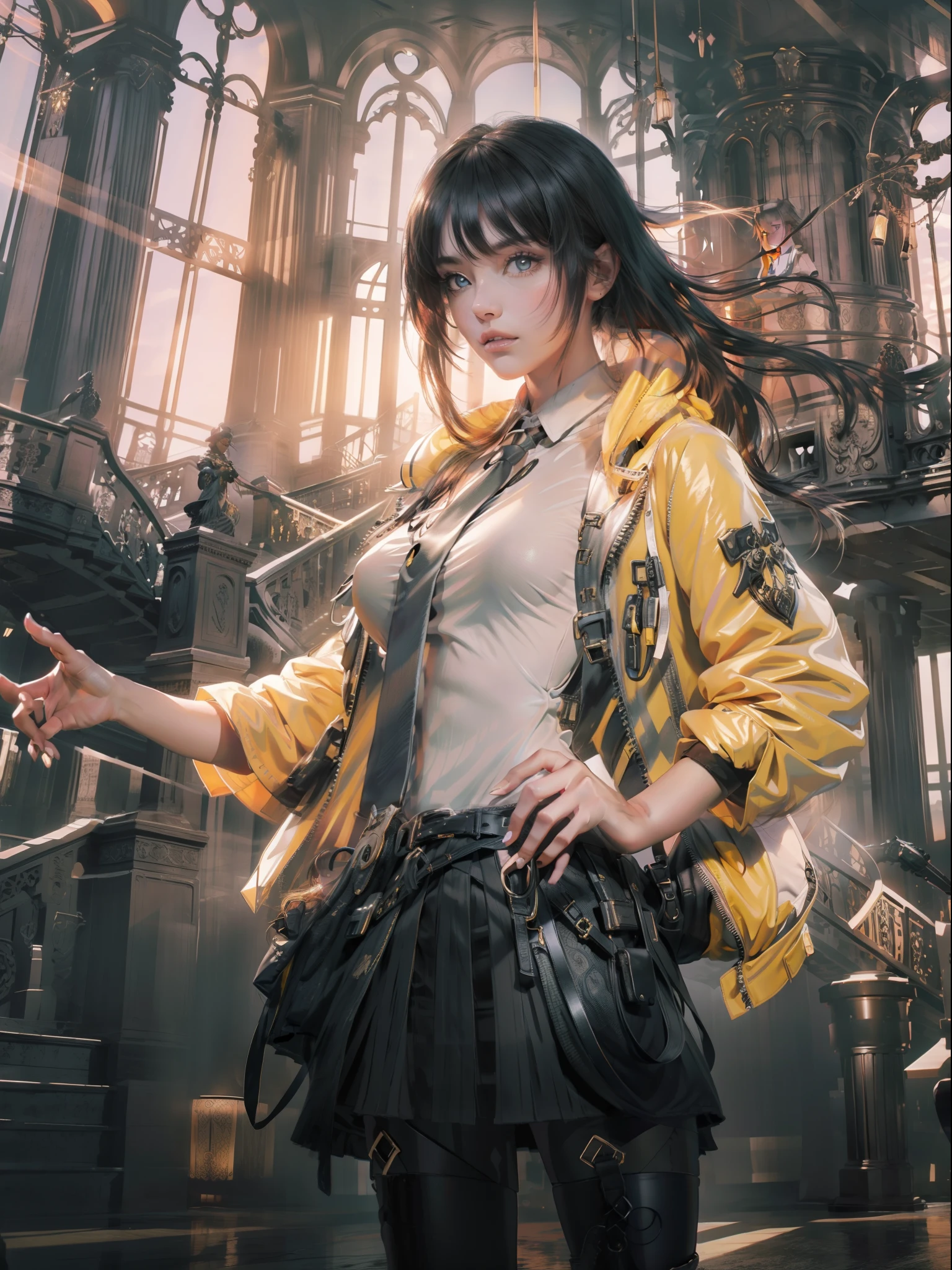 1girl, intricate detail, masterpiece, best quality, extremly detailed,cinematic lighting, beautiful detailed glow, finely detailed beautiful face and eyes, 8k, dark intense shadows, yellow eyes, medium hair, black hair, bangs, floating hair, black jacket, open jacket, white shirt, expressionless, yellow necktie, black skirt, spotlight, sunshine, sunrise, gradient sky, city, lens flare, cowboy shot, [[curvy]], [mature female]