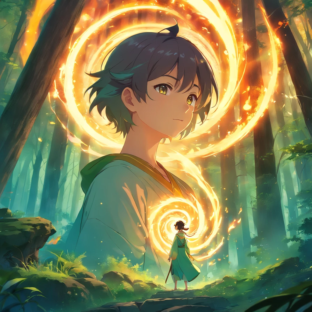 In the middle of an ancient forest and covered with vegetation, The essence of magic takes shape through a man, his hair as golden as gold and his eyes a radiant golden flame. A mystical mark adorns his neck, cintilante com poder latente. Dentro de uma clareira, He is engulfed by a cascading torrent of flames, o calor do fogo temperado por uma energia sobrenatural. Like the magic fire spirals and dances, evokes a spinning dance of luminous particles, each a fragment of his ethereal aura. Arcane symbols materialize in the air, its glow casting a sinister light on his intense focus. The scene exudes a sense of ancient power and occult knowledge, As if the woods themselves were alive with long-forgotten secrets. The atmosphere is of serene intensity, where the balance of nature and magic intertwine. The illustration style captures this mystical aura through detailed digital art, combinando linhas intrincadas com paletas de cores vibrantes. --AR 16:9 --V 5